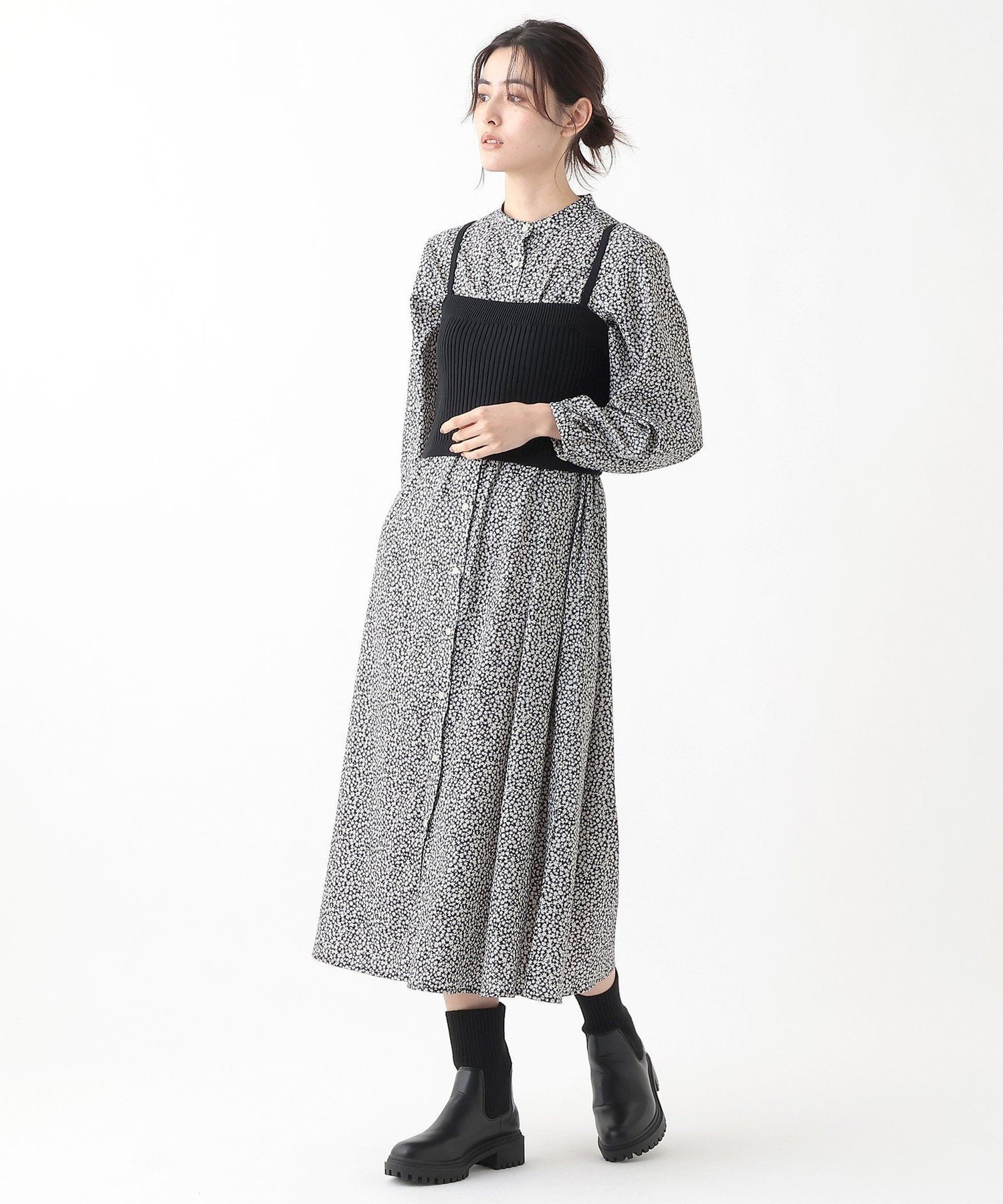 【アフタヌーンティー リビング/Afternoon Tea LIVING】のミニフラワープリントニットビスチェ ワンピースセット インテリア・キッズ・メンズ・レディースファッション・服の通販 founy(ファニー) ファッション Fashion レディースファッション Fashion for Women ワンピース Dresses おすすめ Recommended / Our Picks カットソー Cut and Sewn Top コンパクト Compact, Small Size バランス Balance, Style Balance ビスチェ Bustier, Corset Top フラワー Flower, Floral モノトーン Monotone, Black and White ブラック|ID: prp329100004800787 ipo3291000000034831089