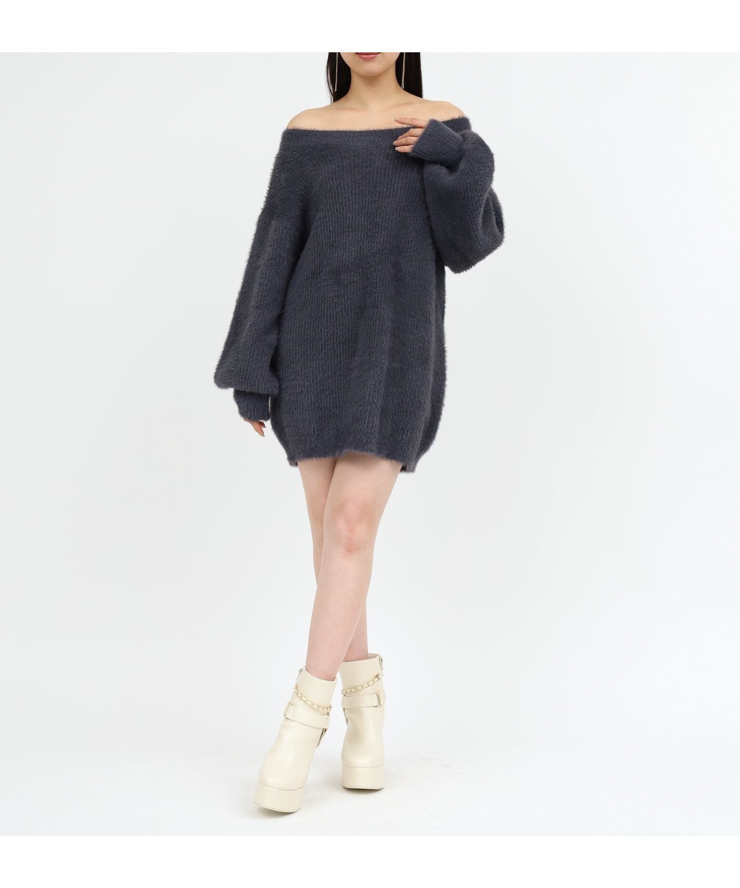 【ロイヤルパーティー/ROYAL PARTY】のシャギーニットワンピース インテリア・キッズ・メンズ・レディースファッション・服の通販 founy(ファニー) 　ファッション　Fashion　レディースファッション　Fashion for Women　ワンピース　Dresses　ニットワンピース　Knit Dresses　タイツ　Tights, Legwear　バランス　Balance, Style Balance　ロング　Long, Long-Length　ワンショル　One Shoulder, Asymmetrical　ネイビー|ID: prp329100004800791 ipo3291000000034937399