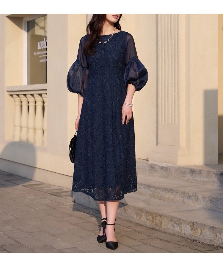 【ドレス/DRESS+】のしっとり大人華やかなレースワンピース インテリア・キッズ・メンズ・レディースファッション・服の通販 founy(ファニー) 　ファッション　Fashion　レディースファッション　Fashion for Women　ワンピース　Dresses　シアー　Sheer, See-Through　シェイプ　Shape, Slim Fit　シンプル　Simple, Minimal　スリーブ　Sleeve, Long Sleeve / Short Sleeve　セレモニー　Ceremony　ドレス　Dress, One-Piece　バルーン　Balloon, Balloon Silhouette　フレア　Flare, Flared　レース　Lace, Lace Fabric　エレガント 上品　Elegant　二次会　After Party　披露宴　Wedding Reception　ネイビー|ID: prp329100004800801 ipo3291000000035020369