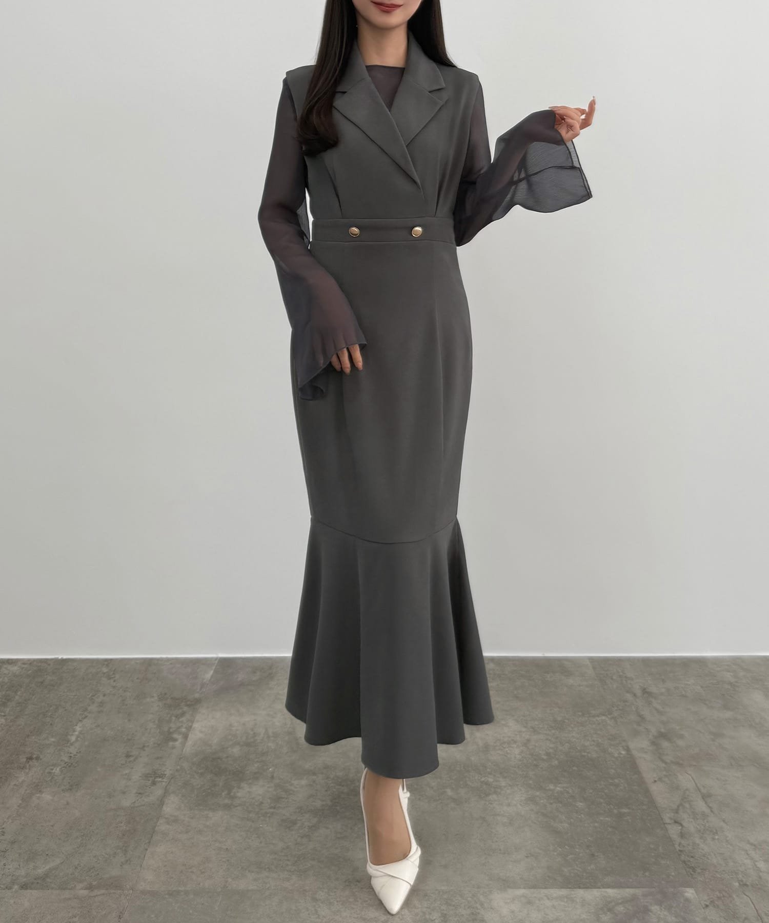 【ジュノア/JUNOAH】のCENEA シアートップス+テーラードマーメイドジャンパースカートset インテリア・キッズ・メンズ・レディースファッション・服の通販 founy(ファニー) 　ファッション　Fashion　レディースファッション　Fashion for Women　セットアップ　Matching Sets　レディーストップス・ブラウス　Tops & Blouses / Assorted Women's Tops　スカート・ミニ/ミディ/マキシ　Skirts / Mini, Midi & Maxi Skirts　チャコール|ID: prp329100004800815 ipo3291000000034831348