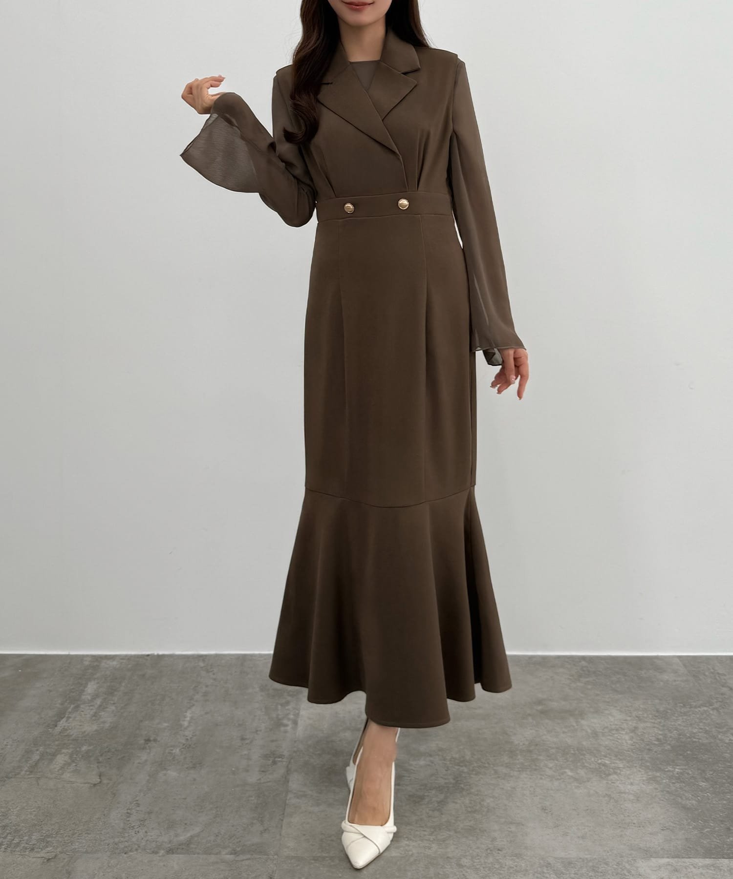 【ジュノア/JUNOAH】のCENEA シアートップス+テーラードマーメイドジャンパースカートset インテリア・キッズ・メンズ・レディースファッション・服の通販 founy(ファニー) 　ファッション　Fashion　レディースファッション　Fashion for Women　セットアップ　Matching Sets　レディーストップス・ブラウス　Tops & Blouses / Assorted Women's Tops　スカート・ミニ/ミディ/マキシ　Skirts / Mini, Midi & Maxi Skirts　モカ|ID: prp329100004800815 ipo3291000000034831351