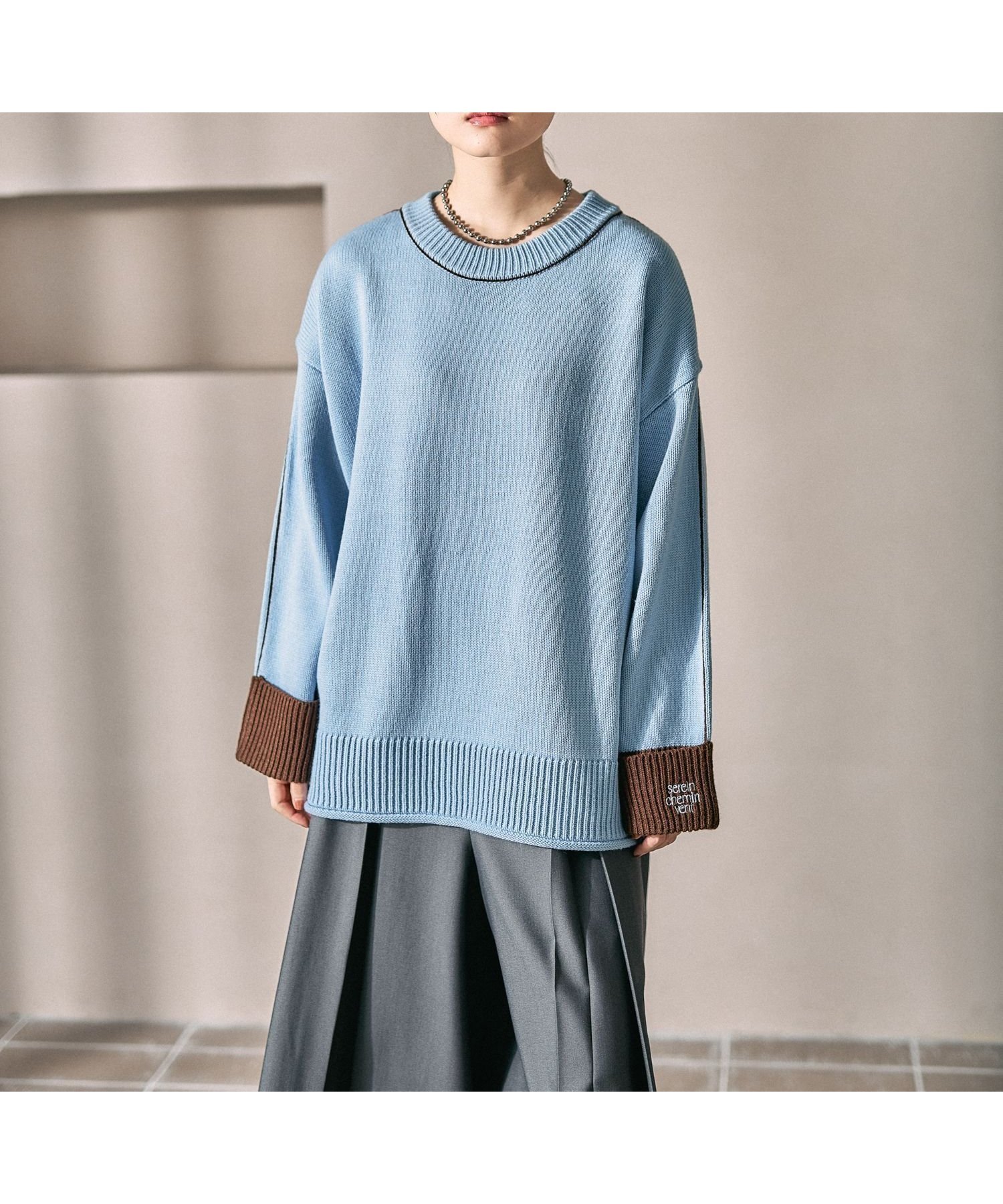 【レプシィム ローリーズファーム/LEPSIM LOWRYS FARM】の5ゲージ袖配色ロゴプルオーバー インテリア・キッズ・メンズ・レディースファッション・服の通販 founy(ファニー) 　ファッション　Fashion　レディースファッション　Fashion for Women　トップス・カットソー　Cut & Sew Tops　カジュアルプルオーバー・ニットトップス　Pullovers & Knit Tops / Casual Pullovers　おすすめ　Recommended / Our Picks　ブルー×ブラウン84|ID: prp329100004800925 ipo3291000000034832424