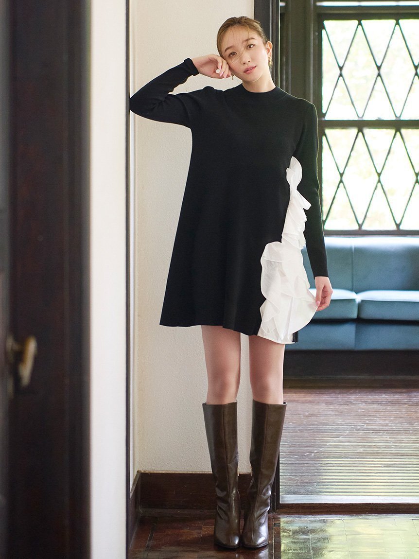 【セルフォード/CELFORD】のラッフルデザインドッキングニットワンピ インテリア・キッズ・メンズ・レディースファッション・服の通販 founy(ファニー) 　ファッション　Fashion　レディースファッション　Fashion for Women　ワンピース　Dresses　ニットワンピース　Knit Dresses　スマート　Smart, Elegant　タフタ　Taffeta, Structured Fabric　ツイスト　Tweed, Tweed Fabric　ドッキング　Docking, Mixed Material　フリル　Frill, Ruffle　フレア　Flare, Flared　エレガント 上品　Elegant　今季　This Season, Current Season　BLK[009]|ID: prp329100004800958 ipo3291000000034832664