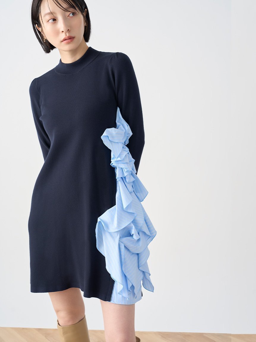 【セルフォード/CELFORD】のラッフルデザインドッキングニットワンピ インテリア・キッズ・メンズ・レディースファッション・服の通販 founy(ファニー) 　ファッション　Fashion　レディースファッション　Fashion for Women　ワンピース　Dresses　ニットワンピース　Knit Dresses　スマート　Smart, Elegant　タフタ　Taffeta, Structured Fabric　ツイスト　Tweed, Tweed Fabric　ドッキング　Docking, Mixed Material　フリル　Frill, Ruffle　フレア　Flare, Flared　エレガント 上品　Elegant　今季　This Season, Current Season　NVY[089]|ID: prp329100004800958 ipo3291000000034832665