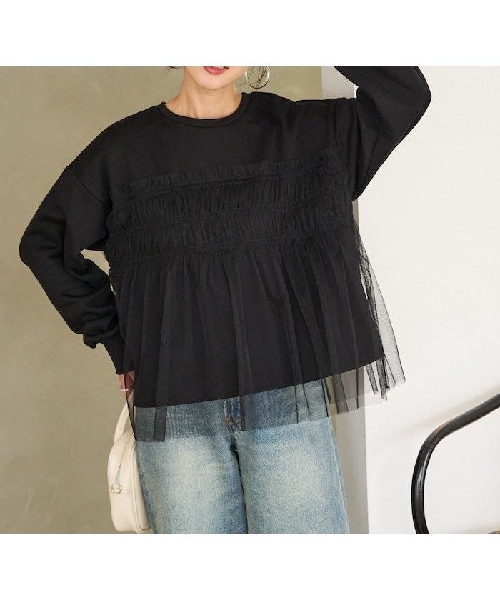 【フリークスストア/FREAK'S STORE】のチュール ギャザー 重ね スウェット【限定展開】 25AW インテリア・キッズ・メンズ・レディースファッション・服の通販 founy(ファニー) 　ファッション　Fashion　レディースファッション　Fashion for Women　トップス・カットソー　Cut & Sew Tops　レディースパーカー・カジュアルフーディー　Casual Hoodies & Sweatshirts　スウェット・クルーネックトップス　Sweatshirts & Crewnecks / Relaxed Fit Sweat Tops　2025年　2025　2025-2026秋冬・A/W　Autumn/Winter 2025–26 AW25–26　冬　Winter / This Winter　ギャザー　Gathered, Ruffled　スウェット / スエット　Sweatshirt, Sweatwear　チュール　Tulip, Tulip Motif　バランス　Balance, Style Balance　フェミニン　Feminine, Girly　フロント　Front, Front Design　ボトム　Bottoms, Lower Wear　人気　Popular, Best Seller　A/W・秋冬　Autumn/Winter　ブラック×ブラック|ID: prp329100004800969 ipo3291000000034985938