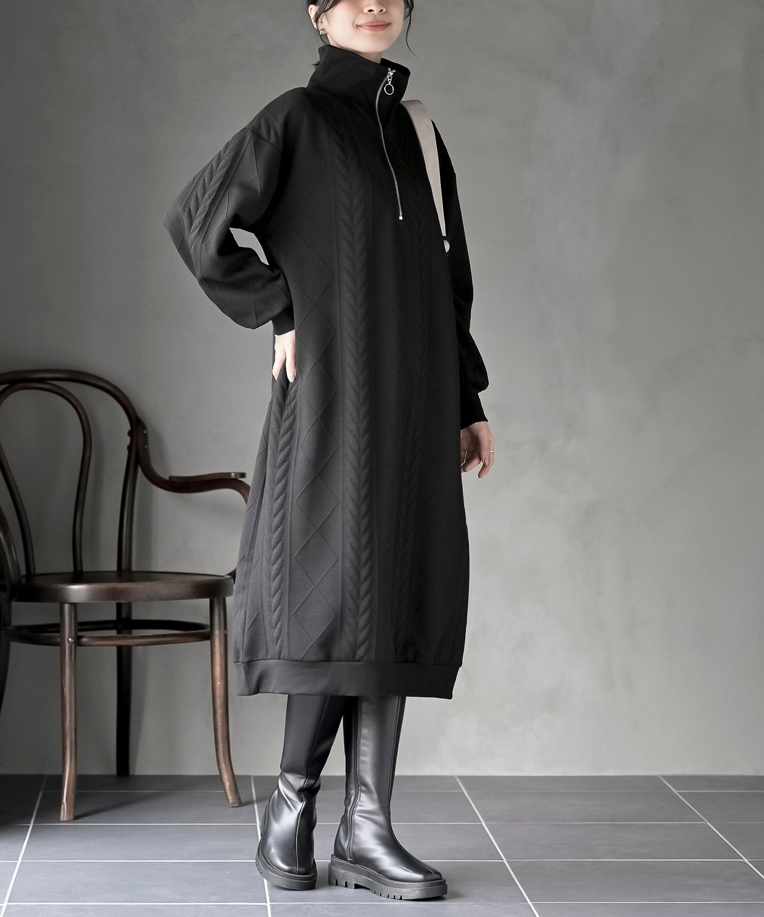 【アールピーエス/rps】のふくれジャガードハーフZIPワンピース インテリア・キッズ・メンズ・レディースファッション・服の通販 founy(ファニー) ファッション Fashion レディースファッション Fashion for Women ワンピース Dresses ポケット Pocket, Pocket Detail ブラック|ID: prp329100004800972 ipo3291000000034832834