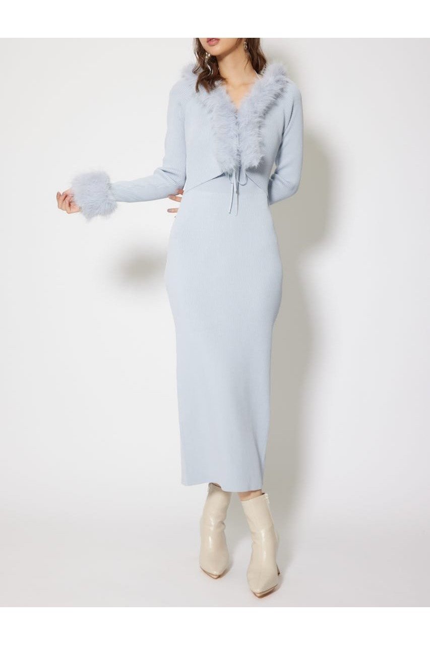 【リエンダ/rienda】のフェイクファーレディーニットワンピース インテリア・キッズ・メンズ・レディースファッション・服の通販 founy(ファニー) 　ファッション　Fashion　レディースファッション　Fashion for Women　ワンピース　Dresses　ニットワンピース　Knit Dresses　カーディガン　Cardigan, Knitwear　フェイクファー　Faux Fur, Imitation Fur　フロント　Front, Front Design　ミュール　Mule, Backless Shoes　リボン　Ribbon, Bow　再入荷　Restock / Back in Stock　冬　Winter / This Winter　L/BLU1|ID: prp329100004800975 ipo3291000000035236820