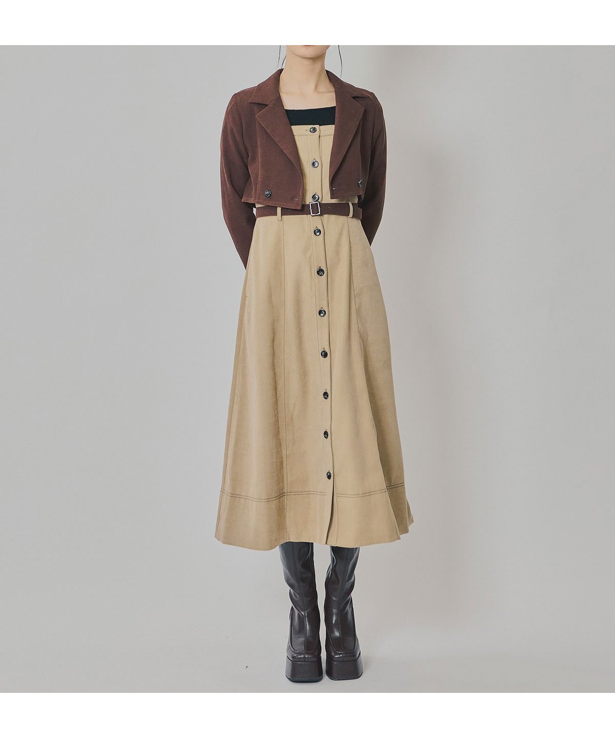 【レディアゼル/REDYAZEL】のスエードライクショートジャケット*バイカラーワンピースセットアップ 人気、トレンドファッション・服の通販 founy(ファニー) 　ファッション　Fashion　レディースファッション　Fashion for Women　アウター　Coat / Outerwear Collection　レディースジャケット・軽アウター　Jackets　コンパクト　Compact, Small Size　ショート　Short, Short Length　ジャケット　Jacket, Outerwear　セットアップ　Set-Up, Coordinated Outfit　テーラード　Tailored, Tailored Fit　デニム　Denim, Jeans Material　トレンド　Trend, Trending Now　バランス　Balance, Style Balance　フレア　Flare, Flared　A/W・秋冬　Autumn/Winter　 other-1|ID: prp329100004801000 ipo3291000000034905900