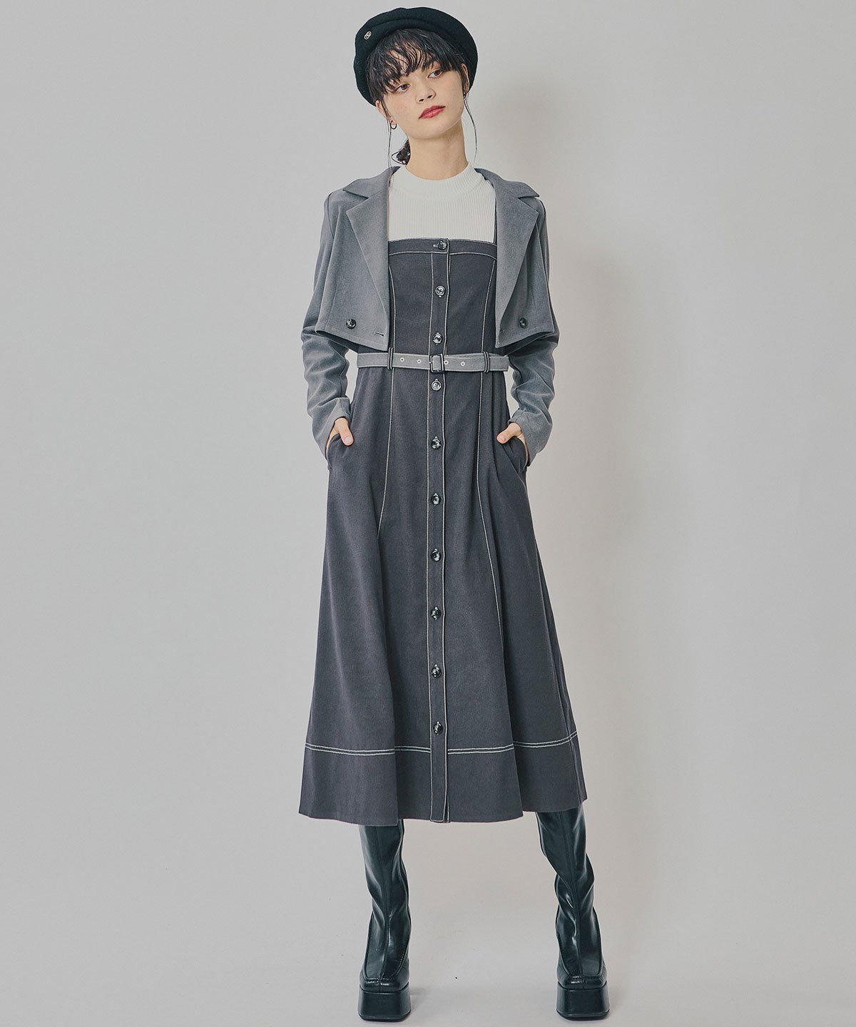 【レディアゼル/REDYAZEL】のスエードライクショートジャケット*バイカラーワンピースセットアップ インテリア・キッズ・メンズ・レディースファッション・服の通販 founy(ファニー) 　ファッション　Fashion　レディースファッション　Fashion for Women　アウター　Coat / Outerwear Collection　レディースジャケット・軽アウター　Jackets　コンパクト　Compact, Small Size　ショート　Short, Short Length　ジャケット　Jacket, Outerwear　セットアップ　Set-Up, Coordinated Outfit　テーラード　Tailored, Tailored Fit　デニム　Denim, Jeans Material　トレンド　Trend, Trending Now　バランス　Balance, Style Balance　フレア　Flare, Flared　A/W・秋冬　Autumn/Winter　グレー|ID: prp329100004801000 ipo3291000000034905902