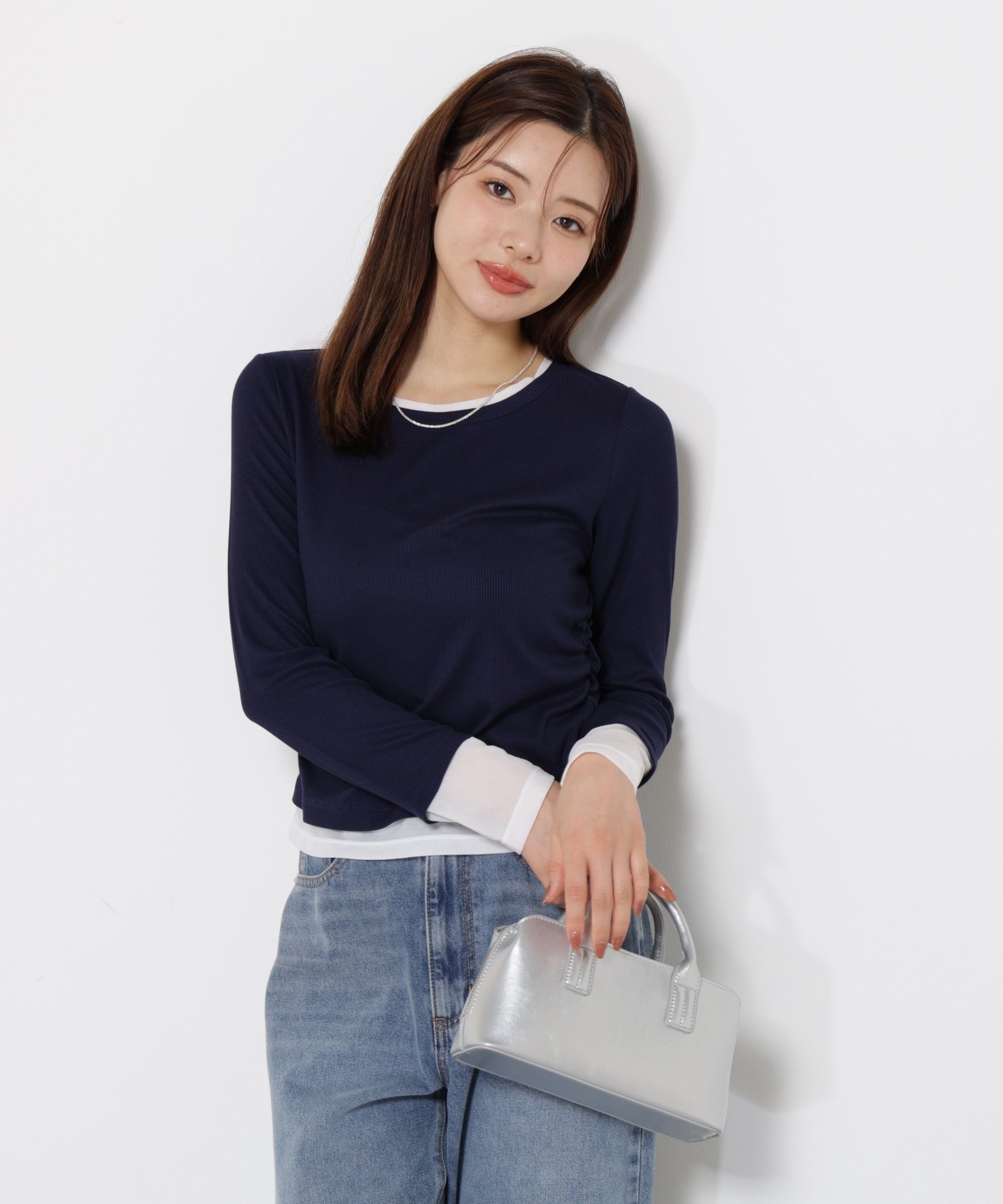 【プロポーション ボディドレッシング/PROPORTION BODY DRESSING】のウォッシャブル レイヤード風テレコ 25AW インテリア・キッズ・メンズ・レディースファッション・服の通販 founy(ファニー) 　ファッション　Fashion　レディースファッション　Fashion for Women　2025年　2025　2025-2026秋冬・A/W　Autumn/Winter 2025–26 AW25–26　おすすめ　Recommended / Our Picks　ウォッシャブル　Machine Washable　カットソー　Cut and Sewn Top　ギャザー　Gathered, Ruffled　テレコ　Ribbed, Rib Stitch　ネイビー×ホワイト|ID: prp329100004801072 ipo3291000000035076509