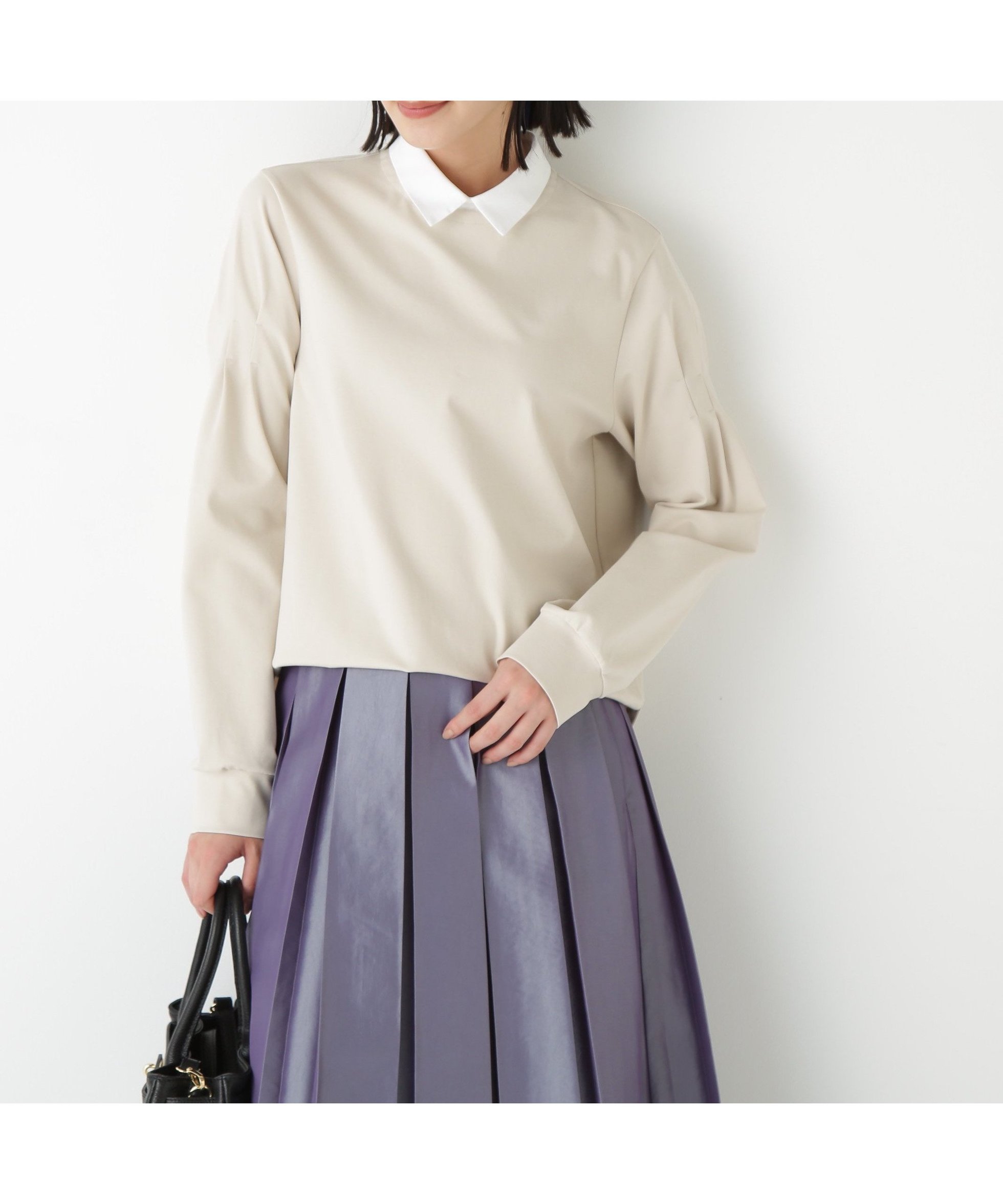 【ヒューマンウーマン/HUMAN WOMAN】のストレッチポンチシャツカラードッキングプルオーバー インテリア・キッズ・メンズ・レディースファッション・服の通販 founy(ファニー) 　ファッション　Fashion　レディースファッション　Fashion for Women　トップス・カットソー　Cut & Sew Tops　シャツ・ブラウス・オフィスカジュアル　Elegant Blouses & Button-Ups　カジュアルプルオーバー・ニットトップス　Pullovers & Knit Tops / Casual Pullovers　おすすめ　Recommended / Our Picks　カットソー　Cut and Sewn Top　スタンダード　Standard, Basic　ストレッチ　Stretch, Stretchy Fabric　セットアップ　Set-Up, Coordinated Outfit　デニム　Denim, Jeans Material　ドッキング　Docking, Mixed Material　ボーダー　Border, Stripe　グレージュ2|ID: prp329100004801104 ipo3291000000035100258