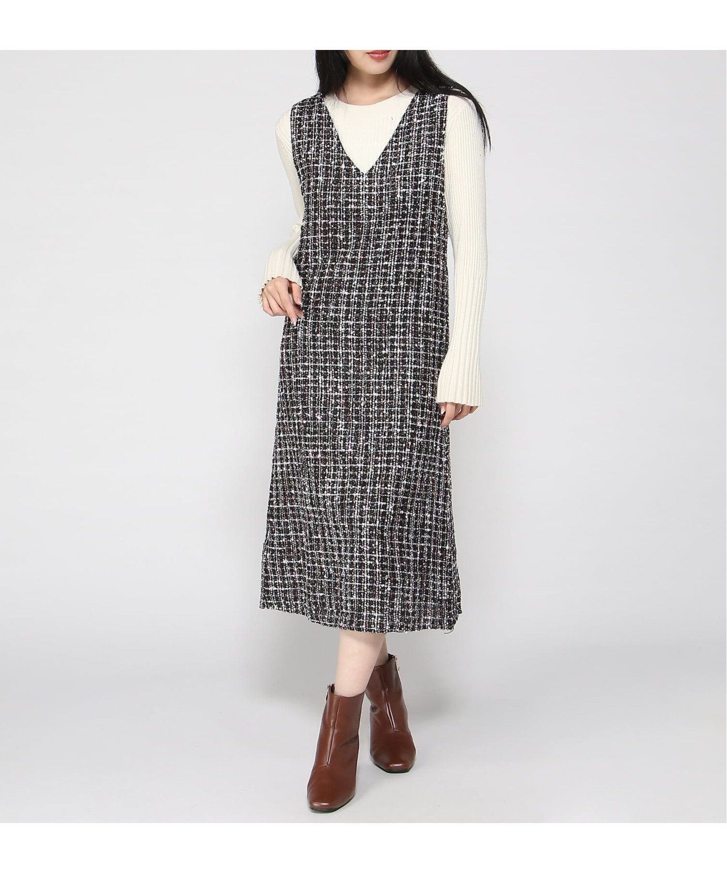 【ミニョントレフル ルームヨンマルサンセレクティッド/mignon trefle Room403 selected】のFReePLACe/チェック柄 Vネック ノースリーブワンピース 人気、トレンドファッション・服の通販 founy(ファニー) ファッション Fashion レディースファッション Fashion for Women ワンピース Dresses インナー Innerwear クラシカル Classical, Vintage-Inspired チェック Check, Plaid, Tartan ツイード Twill, Twill Weave トレンド Trend, Trending Now ノースリーブ Sleeveless, No-Sleeve フォーマル Formal, Dressy エレガント 上品 Elegant A/W・秋冬 Autumn/Winter other-1|ID: prp329100004801670 ipo3291000000034837810