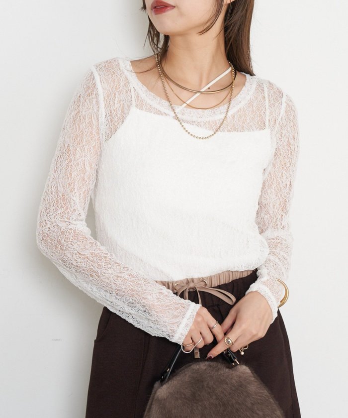 【ジェナ エスパス メルヴェイユ/Jena espace merveilleux】の【レイヤードで映える一枚】レースシアーカットソー インテリア・キッズ・メンズ・レディースファッション・服の通販 founy(ファニー) https://founy.com/ ファッション Fashion レディースファッション Fashion for Women トップス・カットソー Cut & Sew Tops カットソー・ベーシックTシャツ Cut-and-Sewn Tops / Stretch Tees & Basics カットソー Cut and Sewn Top キャミソール Camisole, Spaghetti Strap Top スマート Smart, Elegant フェミニン Feminine, Girly レース Lace, Lace Fabric ロング Long, Long-Length 再入荷 Restock / Back in Stock おすすめ Recommended / Our Picks エレガント 上品 Elegant |ID: prp329100004802045 ipo3291000000034840193