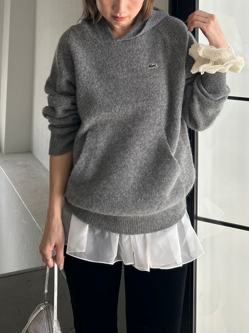 【スナイデル/SNIDEL】のLACOSTE/ニットフーディー インテリア・キッズ・メンズ・レディースファッション・服の通販 founy(ファニー) 　ファッション　Fashion　レディースファッション　Fashion for Women　トップス・カットソー　Cut & Sew Tops　ニット　Knit Tops & Sweaters　コレクション　Collection, Seasonal Line　今季　This Season, Current Season　ストレート　Straight, Straight Cut　スマート　Smart, Elegant　フォーマル　Formal, Dressy　フランス　France, French　フロント　Front, Front Design　ポケット　Pocket, Pocket Detail　ミニスカート　Mini Skirt, Short Skirt　冬　Winter / This Winter　おすすめ　Recommended / Our Picks　GRY[006]|ID: prp329100004802439 ipo3291000000034871724