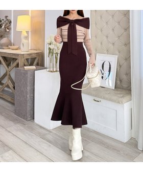 【ロイヤルパーティー/ROYAL PARTY】のリボンディティール配色ニットマーメイドワンピース 人気、トレンドファッション・服の通販 founy(ファニー) ファッション Fashion レディースファッション Fashion for Women ワンピース Dresses フロント Front, Front Design ボーダー Border, Stripe リボン Ribbon, Bow |ID:prp329100004802482