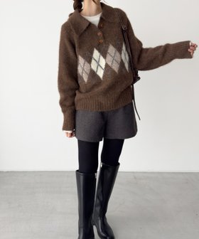 【キャナルジーン/CANAL JEAN】のEl mar アーガイルポロニット 人気、トレンドファッション・服の通販 founy(ファニー) ファッション Fashion レディースファッション Fashion for Women トップス・カットソー Cut & Sew Tops ニット Knit Tops & Sweaters おすすめ Recommended / Our Picks ショート Short, Short Length デニム Denim, Jeans Material フェミニン Feminine, Girly ワイド Wide, Wide Fit |ID:prp329100004803647