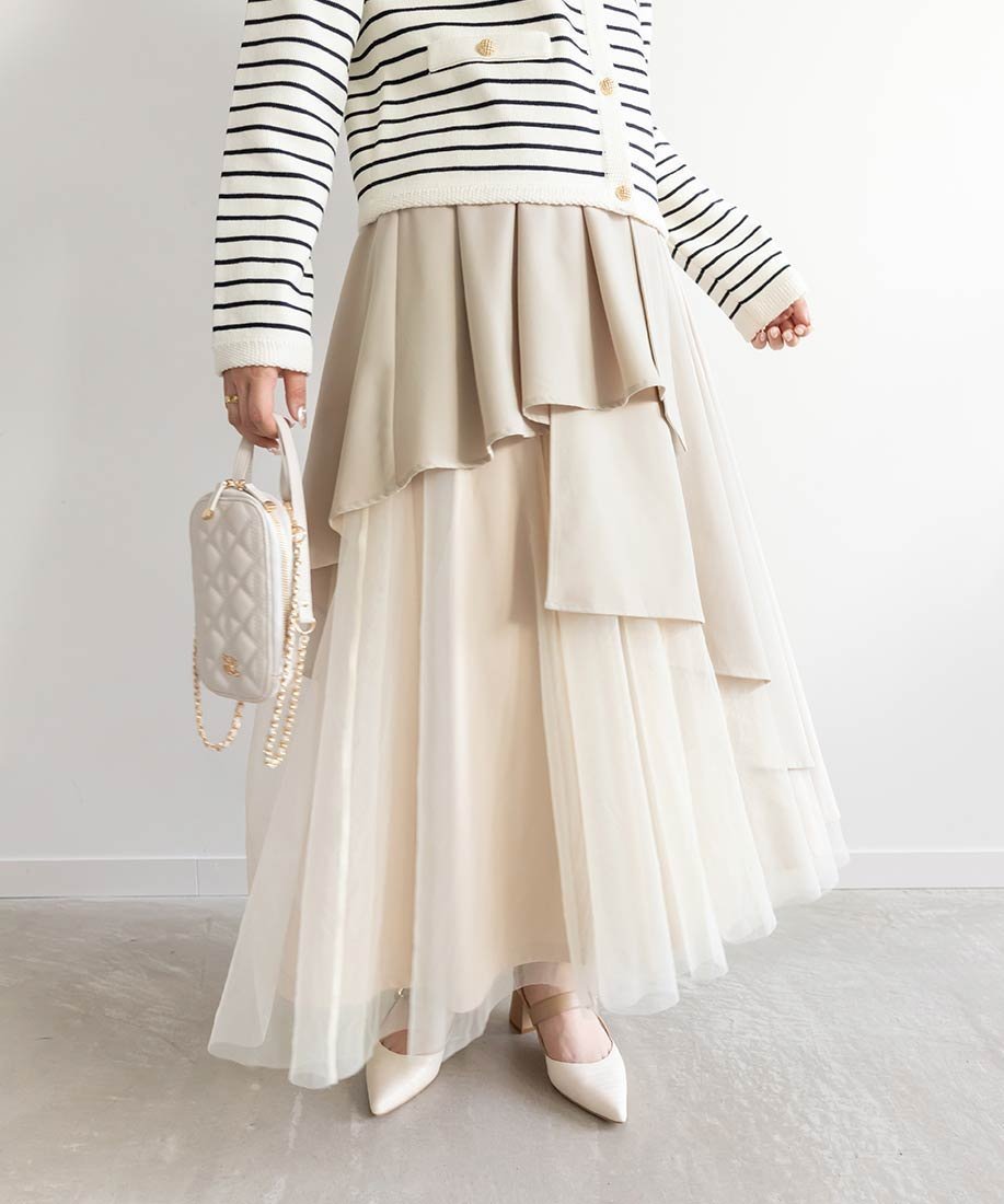 【ランダ/RANDA】のチュールドッキングフレアスカート インテリア・キッズ・メンズ・レディースファッション・服の通販 founy(ファニー) ファッション Fashion レディースファッション Fashion for Women スカート Skirts Aライン・フレアスカート A-Line & Flared Skirts アシンメトリー Asymmetrical Style コンパクト Compact, Small Size チュール Tulip, Tulip Motif ドッキング Docking, Mixed Material フェミニン Feminine, Girly BEIGE|ID: prp329100004803651 ipo3291000000034851764