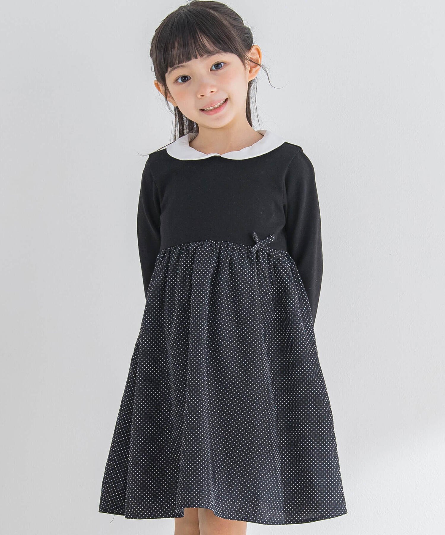 【ベベ オンライン ストア/BEBE ONLINE STORE / KIDS】のドットプリント切替ワンピース(90~140cm) インテリア・キッズ・メンズ・レディースファッション・服の通販 founy(ファニー) 　ファッション　Fashion　キッズファッション　Fashion for Kids　ワンピース　Dresses　ギャザー　Gathered, Ruffled　シンプル　Simple, Minimal　ドット　Polka Dot, Dot Pattern　プリント　Print, Printed Pattern　ベーシック　Basic, Essential　モノトーン　Monotone, Black and White　リボン　Ribbon, Bow　ワンポイント　One Point, Statement Accent　切替　Switching, Contrast Panel　結婚式　Wedding　長袖　Long Sleeve, Full Sleeve　ブラック系|ID: prp329100004805118 ipo3291000000034866847