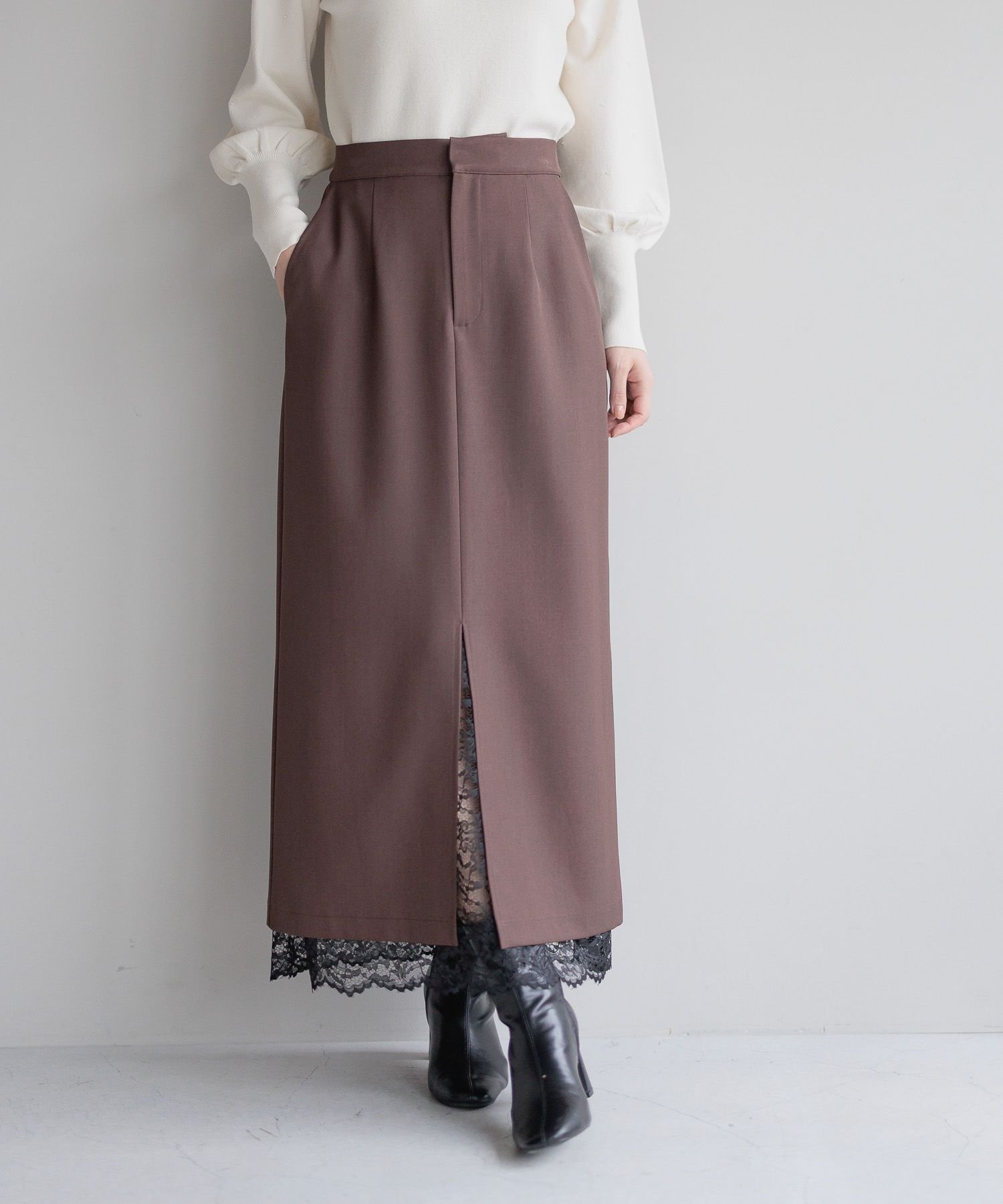 【アンデミュウ/Andemiu】のレースカサネIラインスカート インテリア・キッズ・メンズ・レディースファッション・服の通販 founy(ファニー) ファッション Fashion レディースファッション Fashion for Women スカート Skirts シンプル Simple, Minimal スリット Slit, Slit Detail フェミニン Feminine, Girly ポケット Pocket, Pocket Detail レース Lace, Lace Fabric ブラウンNEW|ID: prp329100004805505 ipo3291000000034869997