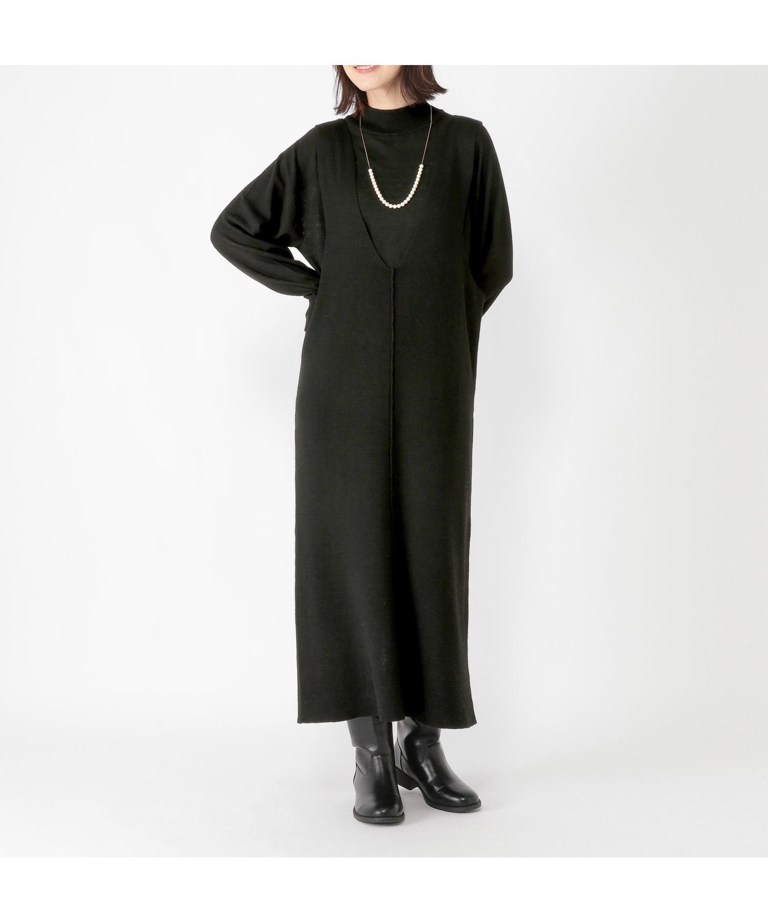 【スタディオ クリップ/studio CLIP】のVネックワンピースニットプルオーバーセット インテリア・キッズ・メンズ・レディースファッション・服の通販 founy(ファニー) ファッション Fashion レディースファッション Fashion for Women ワンピース Dresses おすすめ Recommended / Our Picks インナー Innerwear カットソー Cut and Sewn Top ハイネック High Neck, Mock Neck ブラック19|ID: prp329100004805550 ipo3291000000034870314