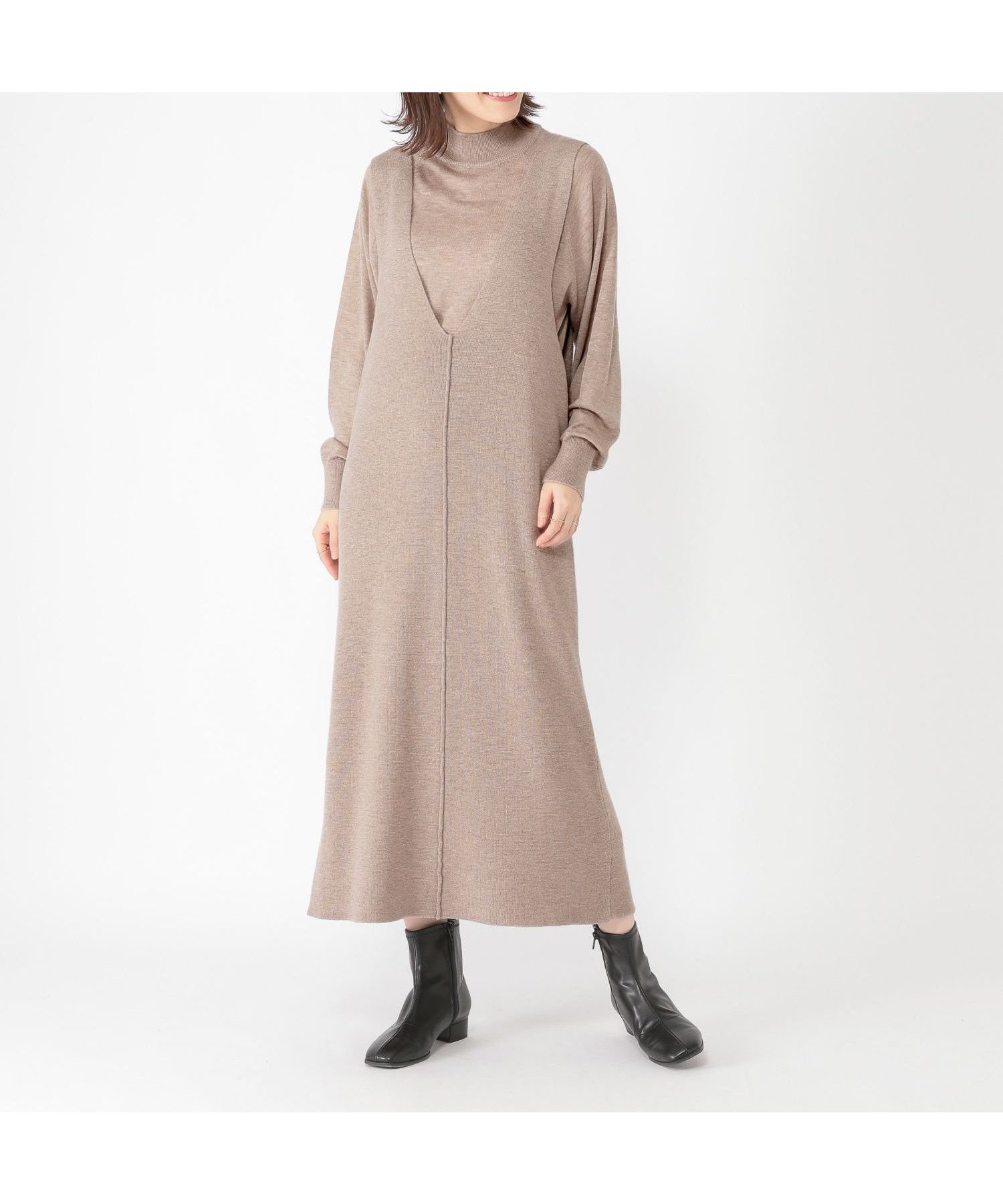 【スタディオ クリップ/studio CLIP】のVネックワンピースニットプルオーバーセット インテリア・キッズ・メンズ・レディースファッション・服の通販 founy(ファニー) ファッション Fashion レディースファッション Fashion for Women ワンピース Dresses おすすめ Recommended / Our Picks インナー Innerwear カットソー Cut and Sewn Top ハイネック High Neck, Mock Neck ベージュ55|ID: prp329100004805550 ipo3291000000034870315