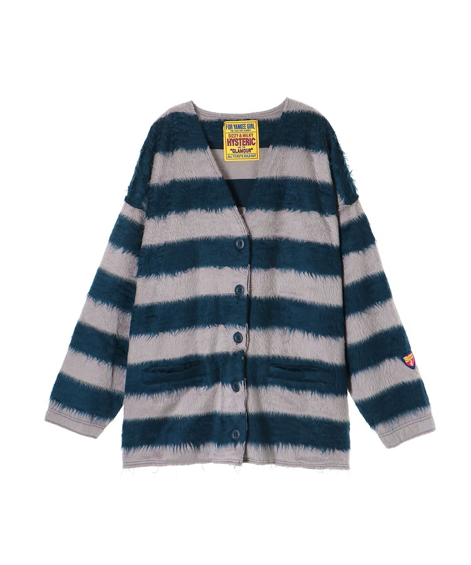 【ヒステリックグラマー/HYSTERIC GLAMOUR】のAFRO GIRLワッペン カーディガン インテリア・キッズ・メンズ・レディースファッション・服の通販 founy(ファニー) 　ファッション　Fashion　レディースファッション　Fashion for Women　トップス・カットソー　Cut & Sew Tops　カーディガン・羽織り　Layered Style Cardigans　アクリル　Acrylic Material　カーディガン　Cardigan, Knitwear　クラシック　Classic, Timeless Style　シンプル　Simple, Minimal　ボーダー　Border, Stripe　モチーフ　Motif, Design Theme　リラックス　Relax, Relaxed Fit　ループ　Loop, Loop Knit　ブルー|ID: prp329100004805609 ipo3291000000034870768