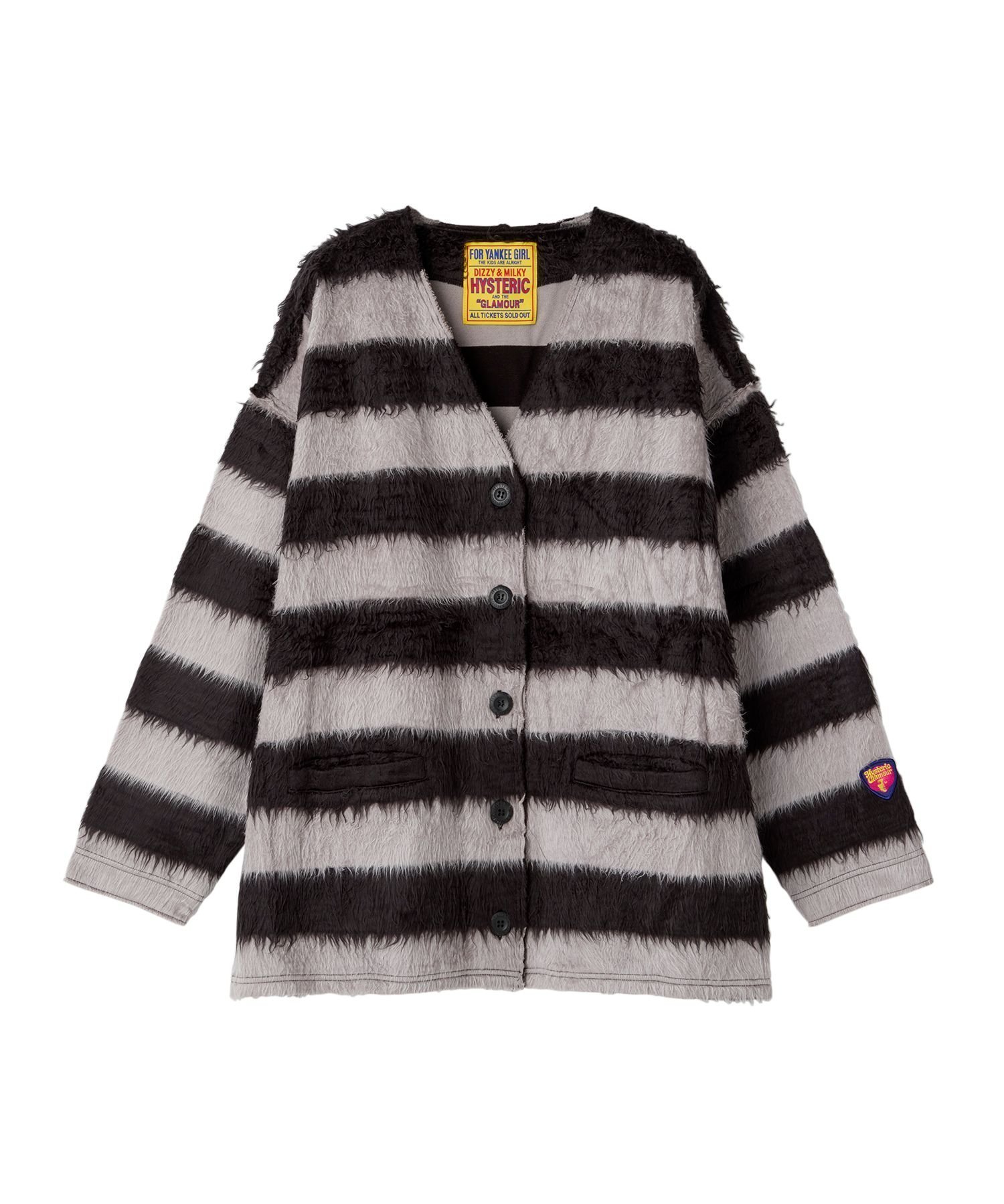 【ヒステリックグラマー/HYSTERIC GLAMOUR】のAFRO GIRLワッペン カーディガン インテリア・キッズ・メンズ・レディースファッション・服の通販 founy(ファニー) 　ファッション　Fashion　レディースファッション　Fashion for Women　トップス・カットソー　Cut & Sew Tops　カーディガン・羽織り　Layered Style Cardigans　アクリル　Acrylic Material　カーディガン　Cardigan, Knitwear　クラシック　Classic, Timeless Style　シンプル　Simple, Minimal　ボーダー　Border, Stripe　モチーフ　Motif, Design Theme　リラックス　Relax, Relaxed Fit　ループ　Loop, Loop Knit　ブラック|ID: prp329100004805609 ipo3291000000034870770