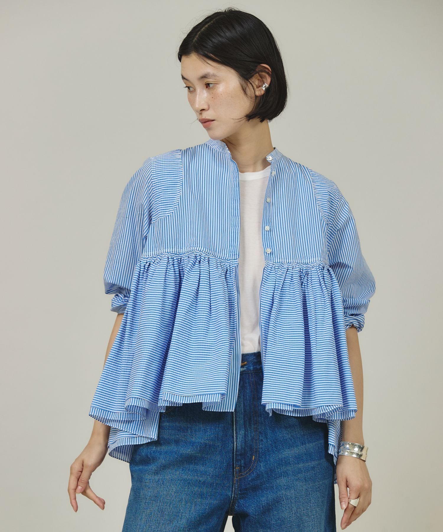 【カレンソロジー/Curensology】のストライプレイヤードギャザーブラウス インテリア・キッズ・メンズ・レディースファッション・服の通販 founy(ファニー) 　ファッション　Fashion　レディースファッション　Fashion for Women　トップス・カットソー　Cut & Sew Tops　シャツ・ブラウス・オフィスカジュアル　Elegant Blouses & Button-Ups　エアリー　Airy Texture　エレガント 上品　Elegant　春　Spring　ギャザー　Gathered, Ruffled　スタイリッシュ　Stylish, Fashionable　ストライプ　Stripe, Striped Pattern　ランダム　Random, Irregular　ブルー86|ID: prp329100004805656 ipo3291000000034871161