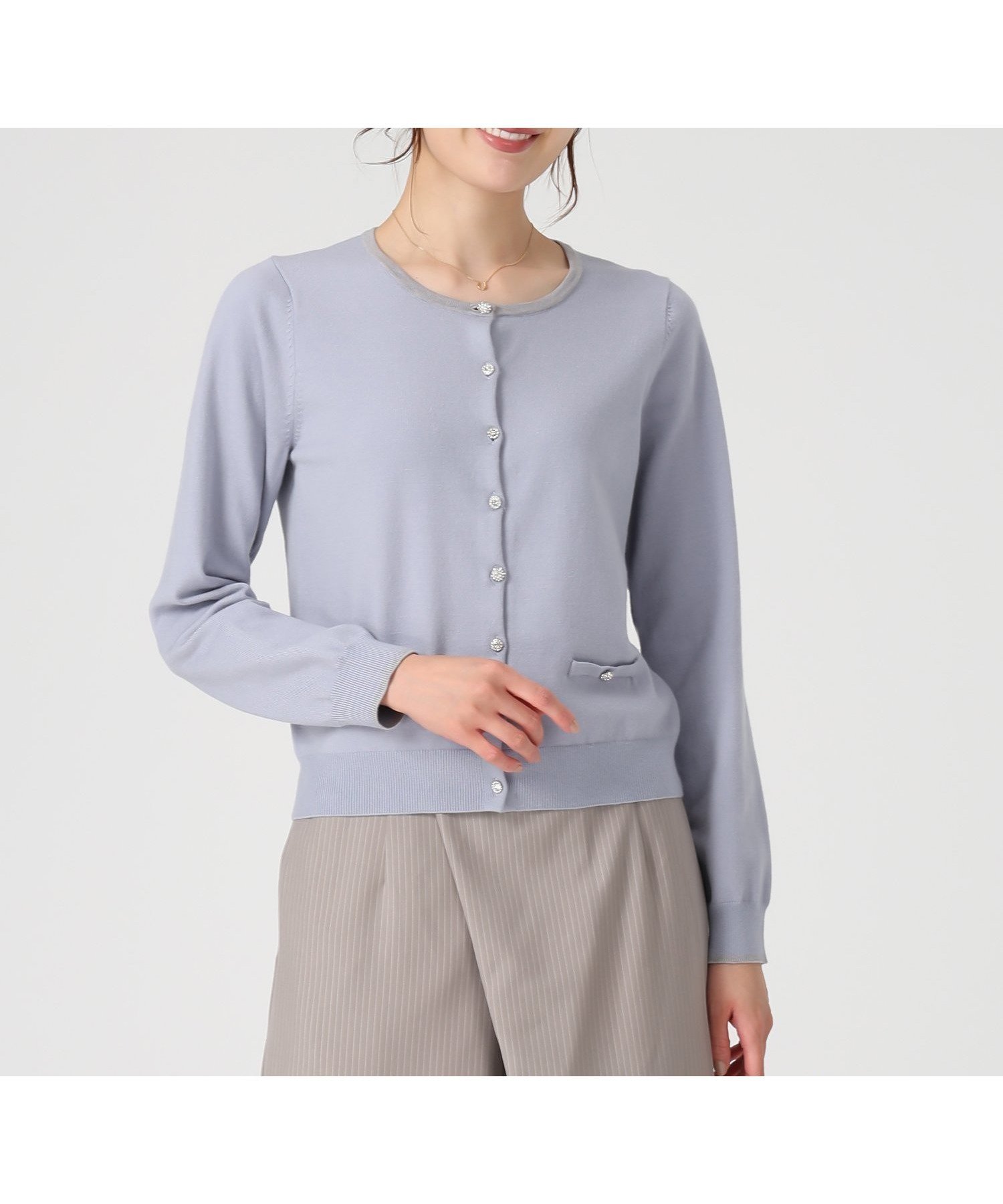 【ミッシュマッシュ/MISCH MASCH】のMM548406 ベーシックビジュー釦ポケットカーディガン インテリア・キッズ・メンズ・レディースファッション・服の通販 founy(ファニー) 　ファッション　Fashion　レディースファッション　Fashion for Women　トップス・カットソー　Cut & Sew Tops　カーディガン・羽織り　Layered Style Cardigans　カーディガン　Cardigan, Knitwear　コンパクト　Compact, Small Size　ビジュー　Bijou, Jewel-like Accent　フロント　Front, Front Design　ベーシック　Basic, Essential　ポケット　Pocket, Pocket Detail　ロング　Long, Long-Length　ブルー|ID: prp329100004805706 ipo3291000000034871672