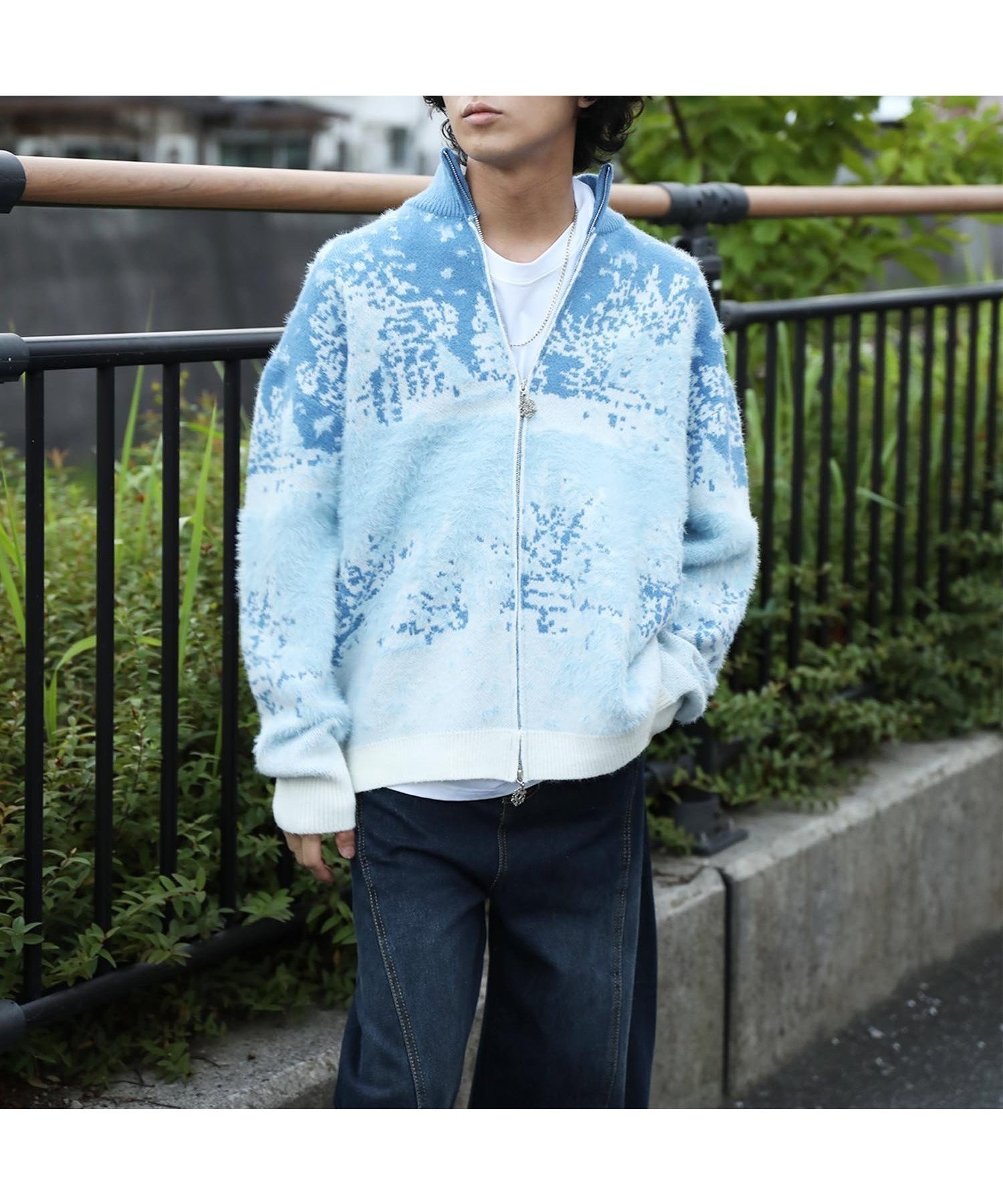 【アイモハ/aimoha】のHOOK -original- 雪柄ダブルジップハイネックカーディガン インテリア・キッズ・メンズ・レディースファッション・服の通販 founy(ファニー) 　ファッション　Fashion　レディースファッション　Fashion for Women　トップス・カットソー　Cut & Sew Tops　カーディガン・羽織り　Layered Style Cardigans　ライトブルー|ID: prp329100004806506 ipo3291000000034878473