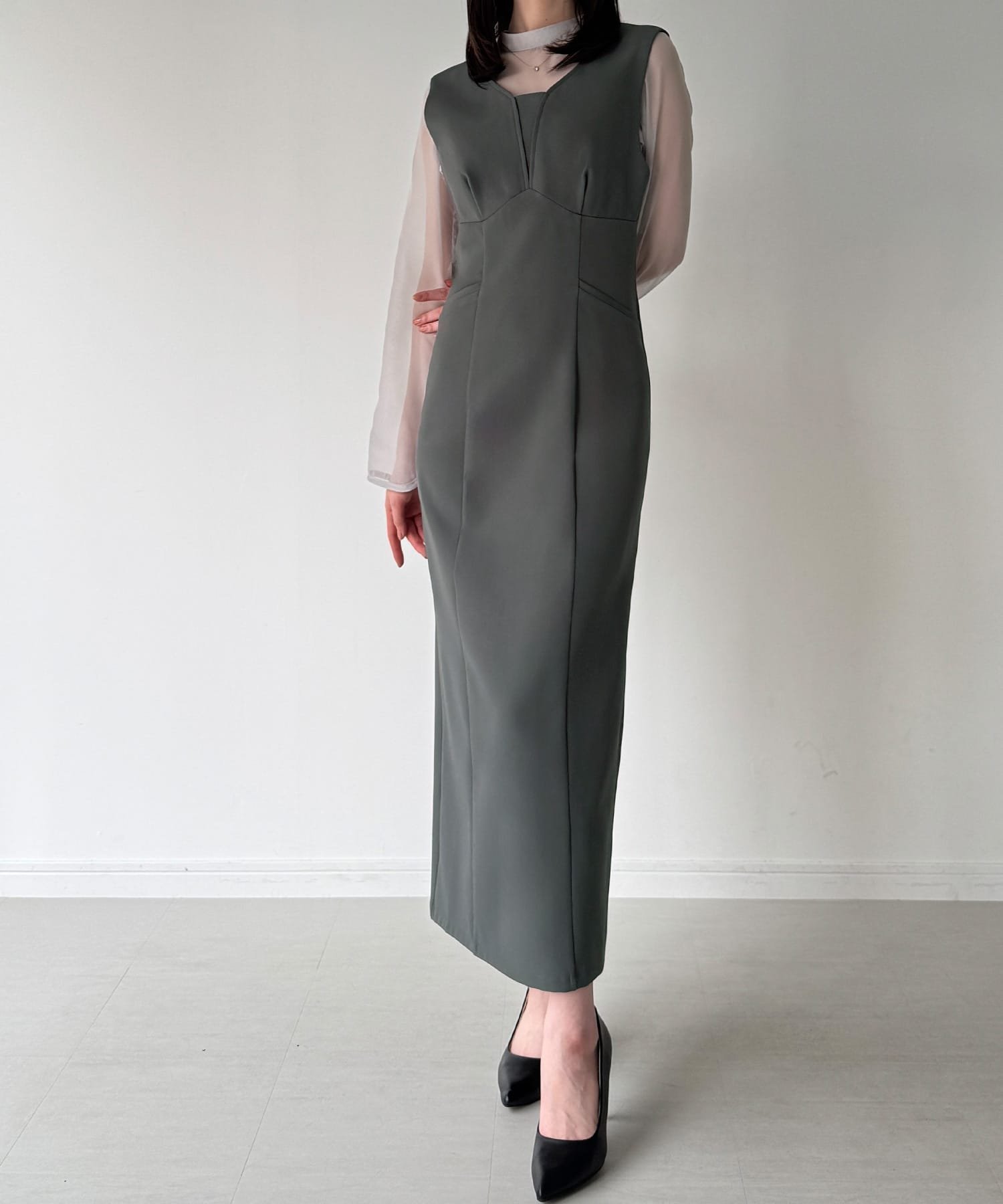 【ジュノア/JUNOAH】の袖ボタンシアーブラウス+IラインジャンパースカートSET(薄手,裏地無し) インテリア・キッズ・メンズ・レディースファッション・服の通販 founy(ファニー) 　ファッション　Fashion　レディースファッション　Fashion for Women　スカート　Skirts　チャコール|ID: prp329100004806987 ipo3291000000034881880