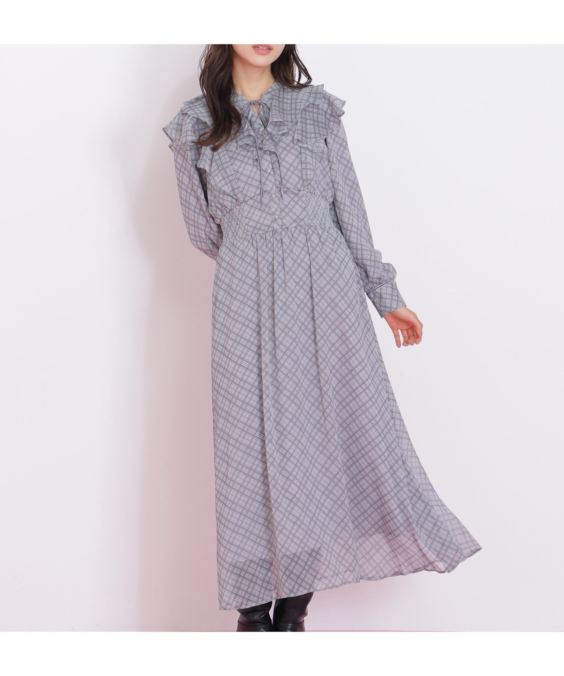 【ジルバイジルスチュアート/JILL by JILLSTUART】のベロア配色チェックラッフルワンピース インテリア・キッズ・メンズ・レディースファッション・服の通販 founy(ファニー) ファッション Fashion レディースファッション Fashion for Women ワンピース Dresses スマート Smart, Elegant フロント Front, Front Design ベロア Velour, Soft Velvet ラッフル Ruffle, Frill エレガント 上品 Elegant グレー1|ID: prp329100004807101 ipo3291000000034882759