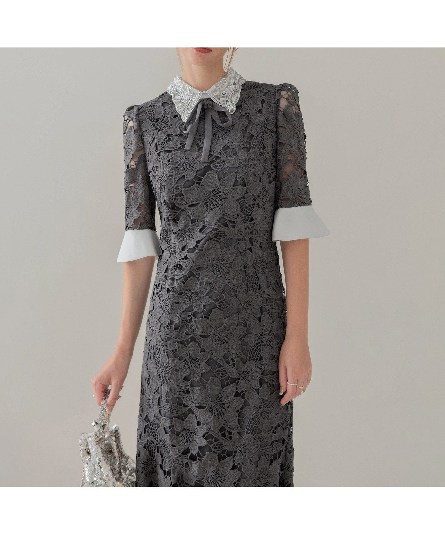 【レジャ/Leja】のLeja-パールカラーボウタイフラワーレースフィッシュテールワンピースドレス インテリア・キッズ・メンズ・レディースファッション・服の通販 founy(ファニー) ファッション Fashion レディースファッション Fashion for Women ワンピース Dresses フォーマル・パーティードレス・結婚式用ドレス Elegant & Casual Dresses クラシカル Classical, Vintage-Inspired ドレス Dress, One-Piece パール Pearl, Pearl Accent リボン Ribbon, Bow レース Lace, Lace Fabric エレガント 上品 Elegant GRAY|ID: prp329100004807111 ipo3291000000034882850