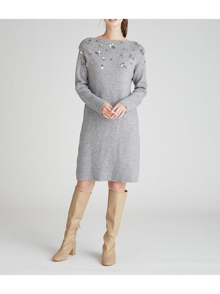 【セルフォード/CELFORD】のペタルビジューニットワンピース インテリア・キッズ・メンズ・レディースファッション・服の通販 founy(ファニー) 　ファッション　Fashion　レディースファッション　Fashion for Women　ワンピース　Dresses　ニットワンピース　Knit Dresses　カーディガン　Cardigan, Knitwear　スマート　Smart, Elegant　ダブル　Double, Double-Breasted　ビジュー　Bijou, Jewel-like Accent　フェイス　Face, Facial Design　モチーフ　Motif, Design Theme　LGRY[005]|ID: prp329100004807120 ipo3291000000034882956