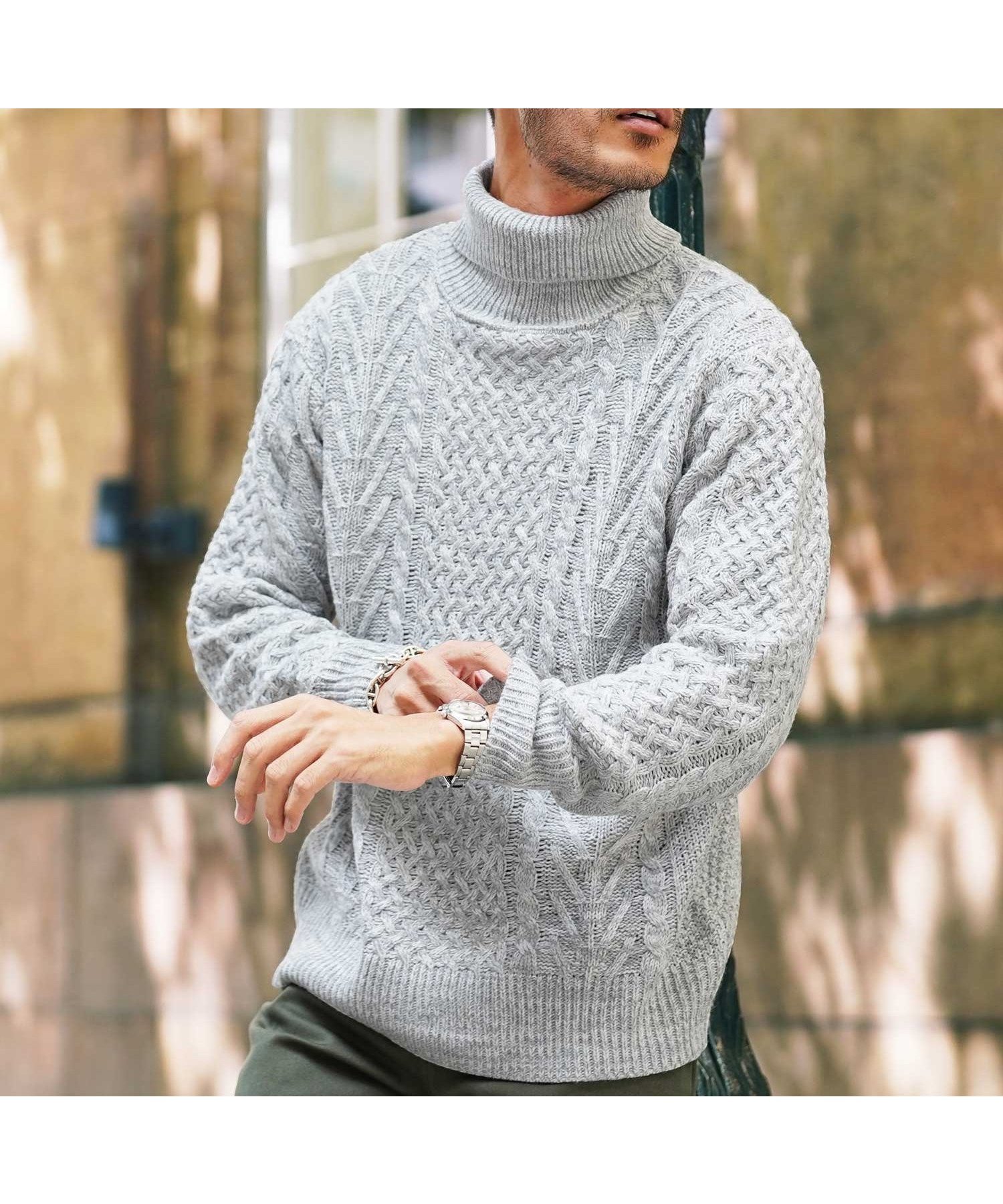 【その他のブランド/Other】のローゲージ タートルネック フィッシャーマン ケーブルニット セーター 25AW インテリア・キッズ・メンズ・レディースファッション・服の通販 founy(ファニー) 　ファッション　Fashion　レディースファッション　Fashion for Women　トップス・カットソー　Cut & Sew Tops　ニット　Knit Tops & Sweaters　タートルネック・ハイネックトップス　Turtlenecks & High-Neck Tops　2025年　2025　2025-2026秋冬・A/W　Autumn/Winter 2025–26 AW25–26　インナー　Innerwear　ウォッシャブル　Machine Washable　ショート　Short, Short Length　ジャケット　Jacket, Outerwear　セーター　Sweater, Knitwear　タートル　Turtleneck, Turtle Collar　タートルネック　Turtleneck, High Neck　ハイネック　High Neck, Mock Neck　パターン　Pattern, Design Print　ブルゾン　Blouson, Bomber Jacket　プチプライス・低価格　Affordable / Budget Price　プレート　Plate, Dish　メンズ　Men's, Menswear　A/W・秋冬　Autumn/Winter　cミックスLグレー|ID: prp329100004807130 ipo3291000000034883056