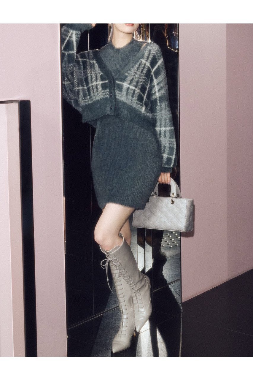 【リエンダ/rienda】のチェックジャガードカーディガンSETオフタートルニットミニワンピース インテリア・キッズ・メンズ・レディースファッション・服の通販 founy(ファニー) ファッション Fashion レディースファッション Fashion for Women ワンピース Dresses チェック Check, Plaid, Tartan トレンド Trend, Trending Now ロング Long, Long-Length 厚底 Platform Shoes D/GRY3|ID: prp329100004807225 ipo3291000000034884027