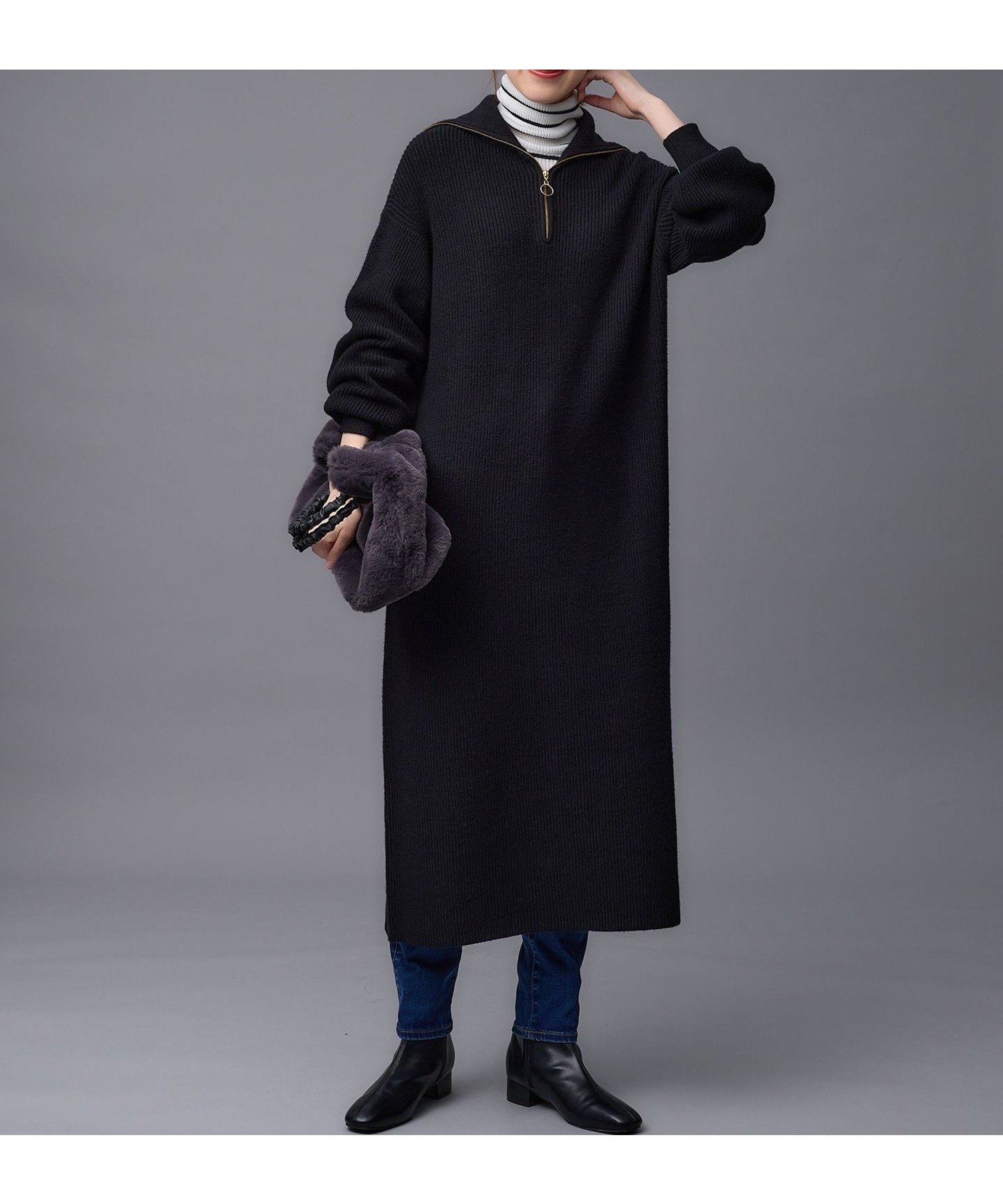 【エニー/ANY】のハーフジップニットワンピース インテリア・キッズ・メンズ・レディースファッション・服の通販 founy(ファニー) 　ファッション　Fashion　レディースファッション　Fashion for Women　ワンピース　Dresses　ニットワンピース　Knit Dresses　おすすめ　Recommended / Our Picks　インナー　Innerwear　ジップ　Zip, Zipper　ストレート　Straight, Straight Cut　チャーム　Charm, Pendant　デニム　Denim, Jeans Material　トレンド　Trend, Trending Now　再入荷　Restock / Back in Stock　ブラック[005]|ID: prp329100004807277 ipo3291000000034884338