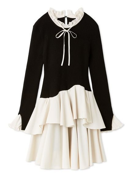 【スナイデル/SNIDEL】のSustainableドッキングミニニットワンピース インテリア・キッズ・メンズ・レディースファッション・服の通販 founy(ファニー) 　ファッション　Fashion　レディースファッション　Fashion for Women　ワンピース　Dresses　ニットワンピース　Knit Dresses　クラシカル　Classical, Vintage-Inspired　今季　This Season, Current Season　ストライプ　Stripe, Striped Pattern　ストレート　Straight, Straight Cut　スマート　Smart, Elegant　ドッキング　Docking, Mixed Material　フィット　Fit, Slim Fit　フリル　Frill, Ruffle　モノトーン　Monotone, Black and White　無地　Plain, Solid Color　リブニット　Rib Knit, Ribbed Knit　リボン　Ribbon, Bow　おすすめ　Recommended / Our Picks　BLK[009]|ID: prp329100004807884 ipo3291000000034889246