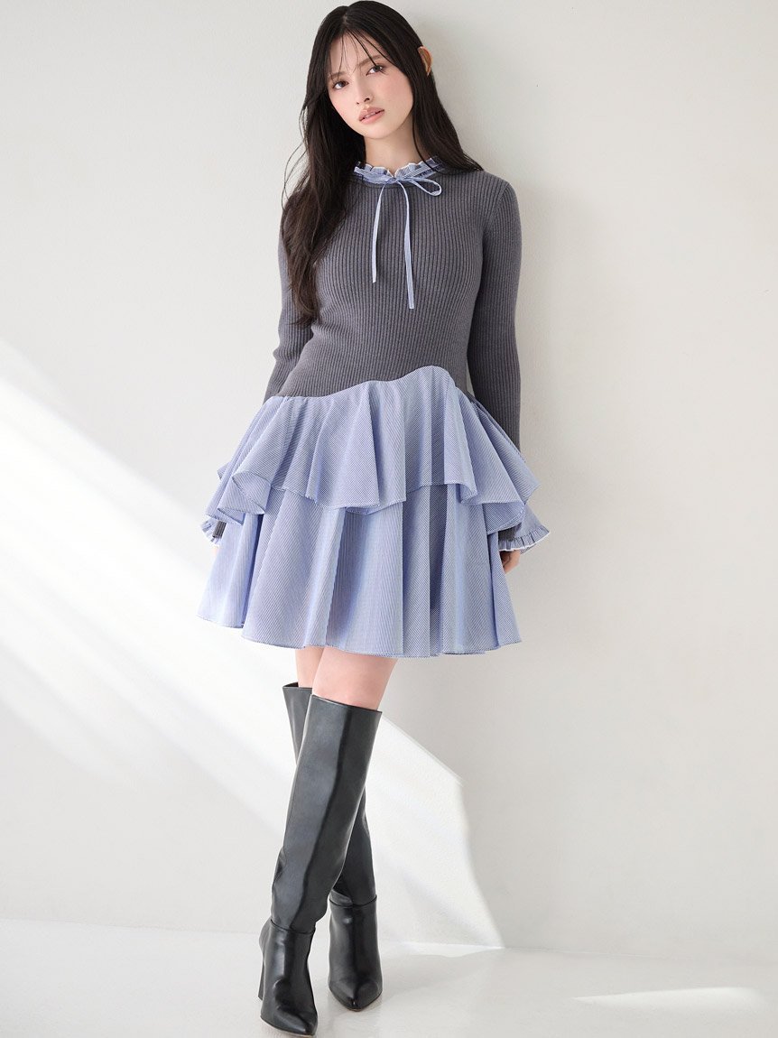 【スナイデル/SNIDEL】のSustainableドッキングミニニットワンピース インテリア・キッズ・メンズ・レディースファッション・服の通販 founy(ファニー) 　ファッション　Fashion　レディースファッション　Fashion for Women　ワンピース　Dresses　ニットワンピース　Knit Dresses　クラシカル　Classical, Vintage-Inspired　今季　This Season, Current Season　ストライプ　Stripe, Striped Pattern　ストレート　Straight, Straight Cut　スマート　Smart, Elegant　ドッキング　Docking, Mixed Material　フィット　Fit, Slim Fit　フリル　Frill, Ruffle　モノトーン　Monotone, Black and White　無地　Plain, Solid Color　リブニット　Rib Knit, Ribbed Knit　リボン　Ribbon, Bow　おすすめ　Recommended / Our Picks　STRIPE[932]|ID: prp329100004807884 ipo3291000000034889247