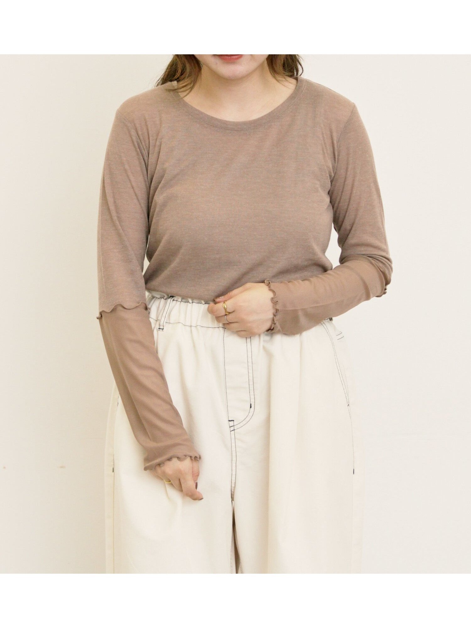 【サマンサモスモス/Samansa Mos2】の袖シアー切替メローカットソー インテリア・キッズ・メンズ・レディースファッション・服の通販 founy(ファニー) 　ファッション　Fashion　レディースファッション　Fashion for Women　トップス・カットソー　Cut & Sew Tops　カットソー・ベーシックTシャツ　Cut-and-Sewn Tops / Stretch Tees & Basics　おすすめ　Recommended / Our Picks　カットソー　Cut and Sewn Top　シアー　Sheer, See-Through　スリーブ　Sleeve, Long Sleeve / Short Sleeve　切替　Switching, Contrast Panel　モカ|ID: prp329100004807923 ipo3291000000034889512