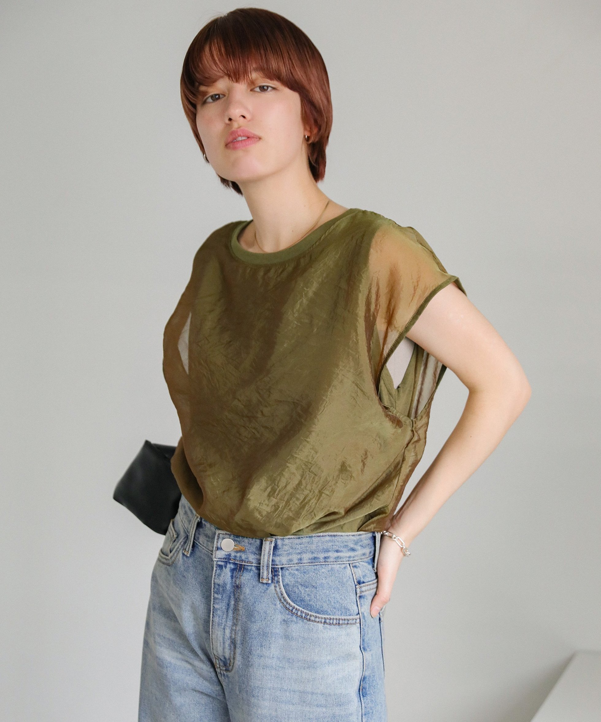 【セレクトモカ/SELECT MOCA】のシアードッキングフレンチスリーブトップス インテリア・キッズ・メンズ・レディースファッション・服の通販 founy(ファニー) 　ファッション　Fashion　レディースファッション　Fashion for Women　トップス・カットソー　Cut & Sew Tops　おすすめ　Recommended / Our Picks　シアー　Sheer, See-Through　デニム　Denim, Jeans Material　ノースリーブ　Sleeveless, No-Sleeve　ルーズ　Loose, Oversized　カーキ-03|ID: prp329100004808041 ipo3291000000034890749