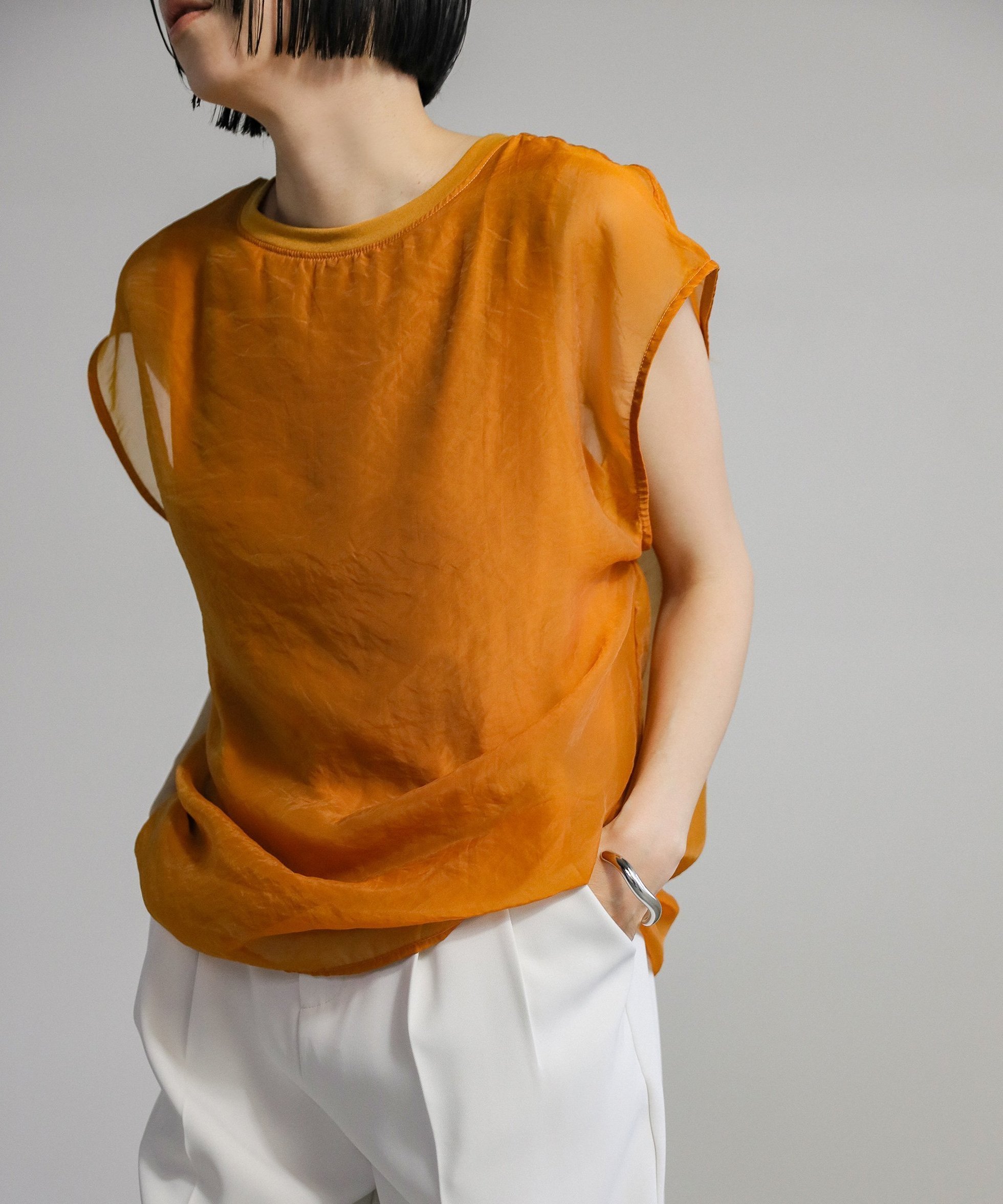 【セレクトモカ/SELECT MOCA】のシアードッキングフレンチスリーブトップス インテリア・キッズ・メンズ・レディースファッション・服の通販 founy(ファニー) 　ファッション　Fashion　レディースファッション　Fashion for Women　トップス・カットソー　Cut & Sew Tops　おすすめ　Recommended / Our Picks　シアー　Sheer, See-Through　デニム　Denim, Jeans Material　ノースリーブ　Sleeveless, No-Sleeve　ルーズ　Loose, Oversized　オレンジ-04|ID: prp329100004808041 ipo3291000000034890752