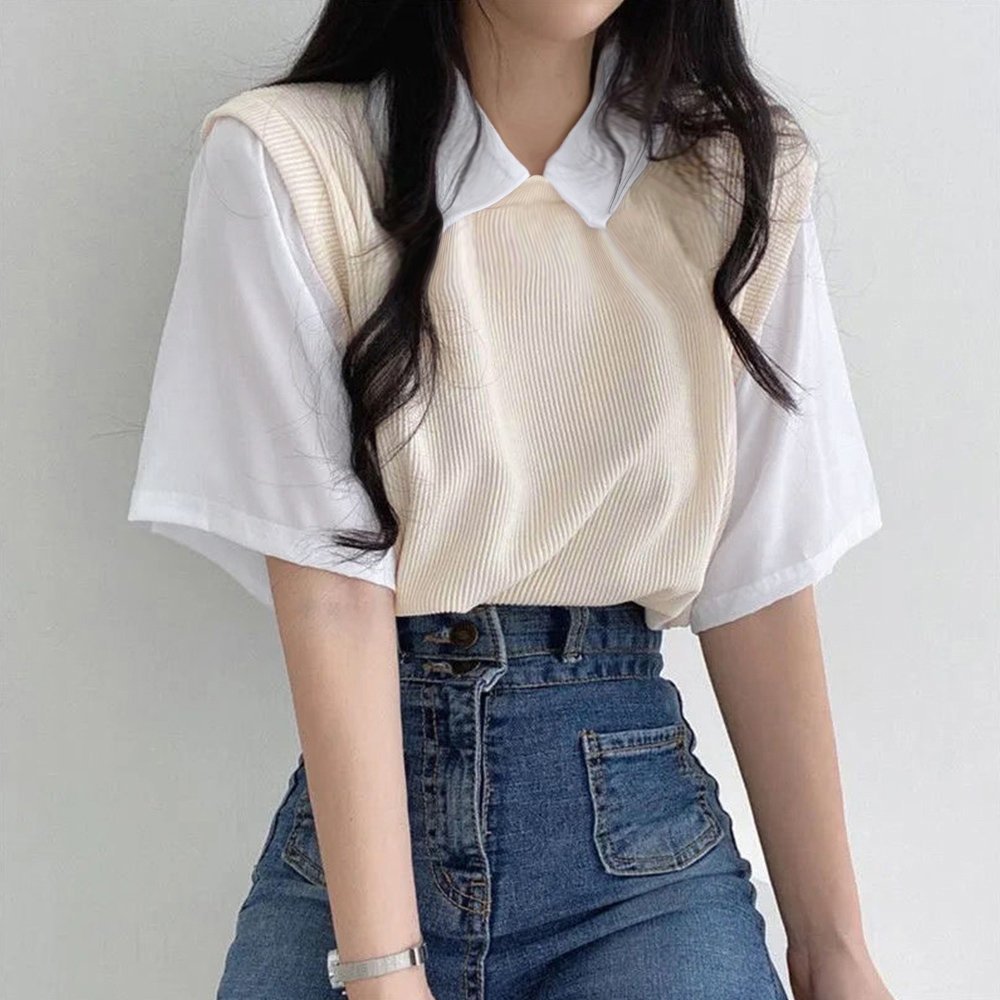 【ミニミニストア/miniministore】の半袖ニットtシャツ レイヤード風Tシャツ インテリア・キッズ・メンズ・レディースファッション・服の通販 founy(ファニー) ファッション Fashion レディースファッション Fashion for Women トップス・カットソー Cut & Sew Tops ニット Knit Tops & Sweaters シャツ・ブラウス・オフィスカジュアル Elegant Blouses & Button-Ups ロングTシャツ・Tシャツ Longline T-Shirts & Tees カットソー Cut and Sewn Top ボトム Bottoms, Lower Wear 半袖 Short Sleeve, Half Sleeve 夏 Summer ベージュ|ID: prp329100004808104 ipo3291000000034891375