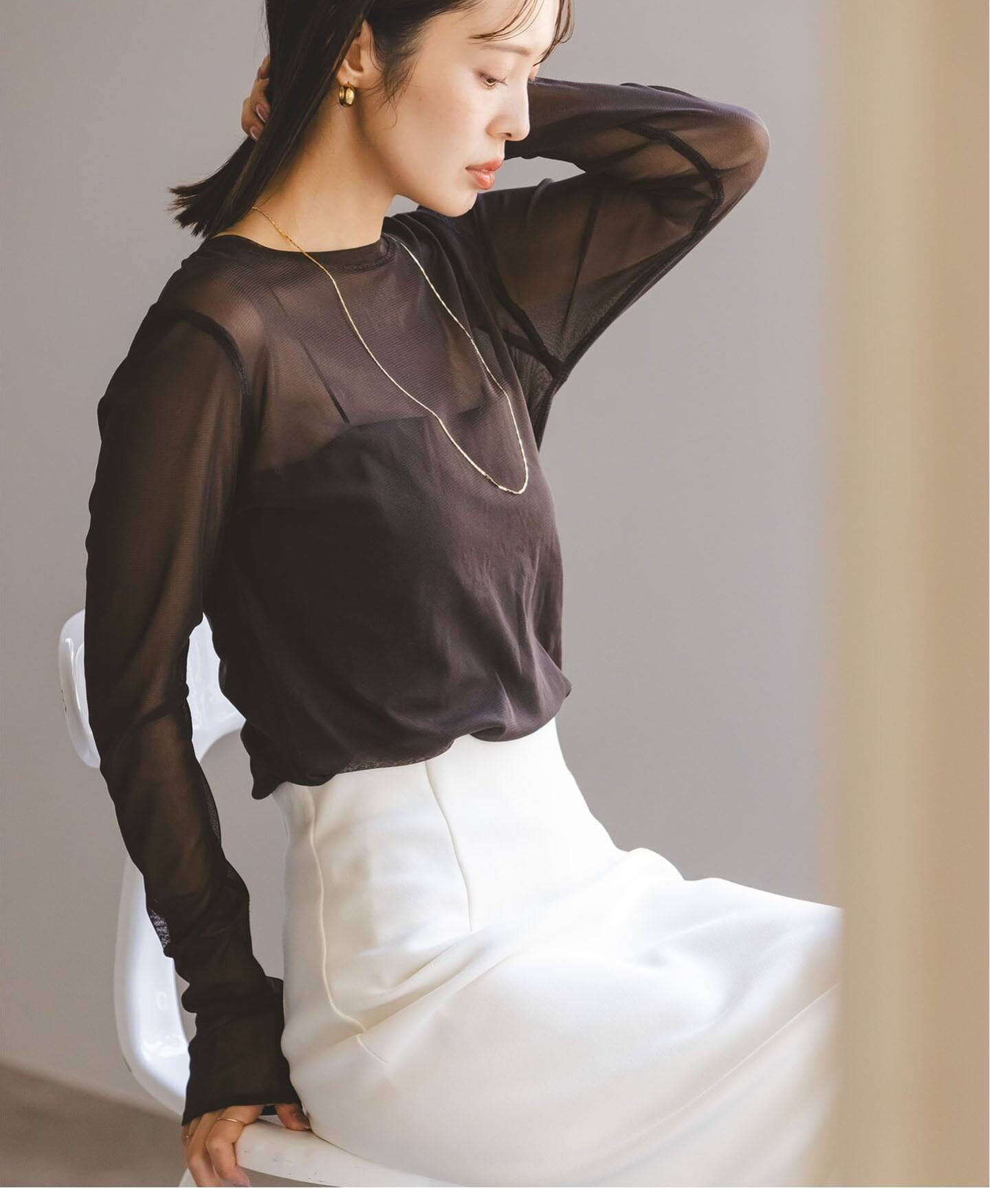 【ノーブル / スピック&スパン/NOBLE / Spick & Span】の《追加 》スキンチュールロングTシャツ インテリア・キッズ・メンズ・レディースファッション・服の通販 founy(ファニー) ファッション Fashion レディースファッション Fashion for Women トップス・カットソー Cut & Sew Tops シャツ・ブラウス・オフィスカジュアル Elegant Blouses & Button-Ups ロングTシャツ・Tシャツ Longline T-Shirts & Tees インナー Innerwear ジャケット Jacket, Outerwear フィット Fit, Slim Fit ブラウン|ID: prp329100004808188 ipo3291000000034892118