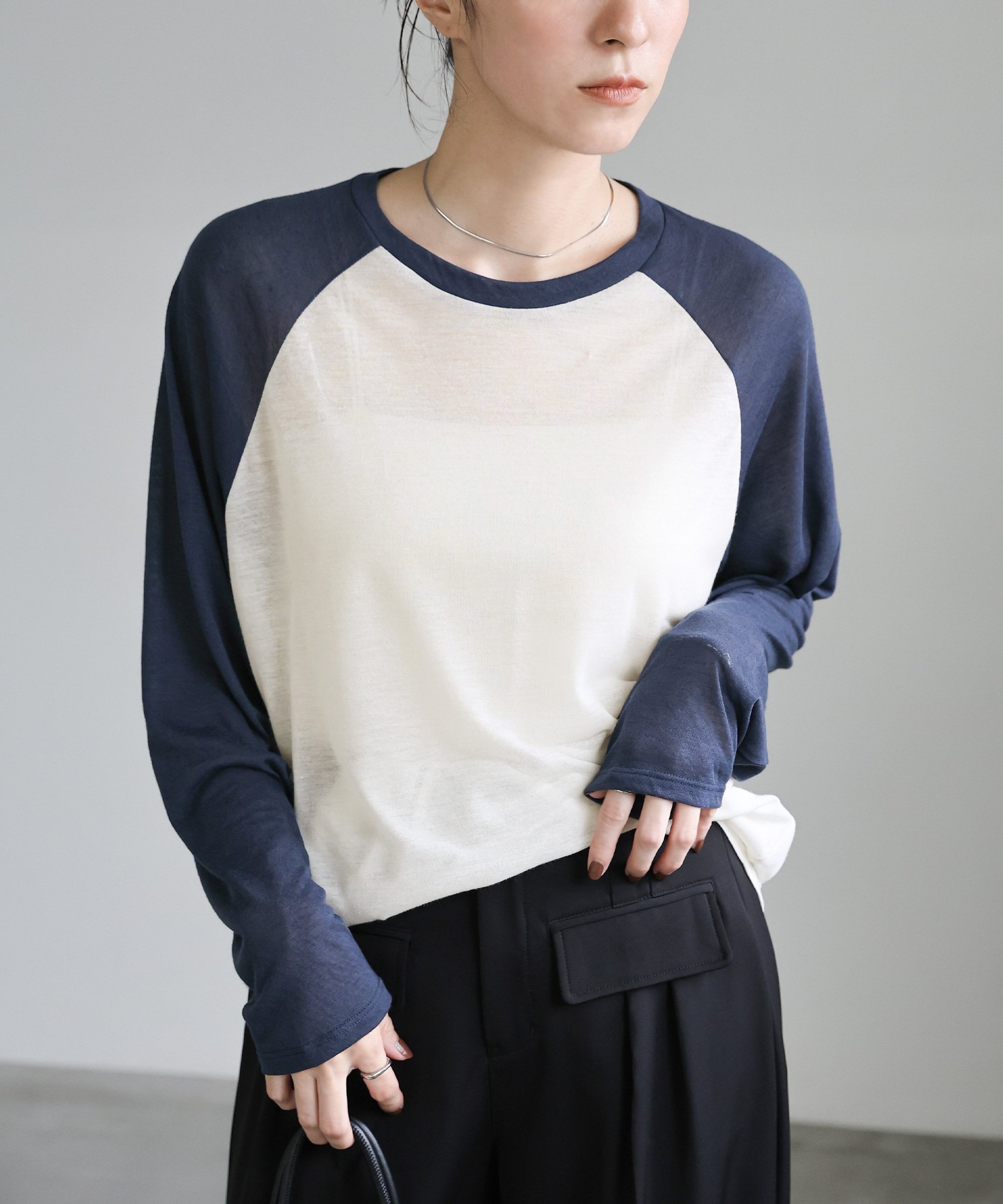 【セレクトモカ/SELECT MOCA】のシアーラグランロングスリーブTシャツ インテリア・キッズ・メンズ・レディースファッション・服の通販 founy(ファニー) 　ファッション　Fashion　レディースファッション　Fashion for Women　トップス・カットソー　Cut & Sew Tops　シャツ・ブラウス・オフィスカジュアル　Elegant Blouses & Button-Ups　ロングTシャツ・Tシャツ　Longline T-Shirts & Tees　おすすめ　Recommended / Our Picks　シアー　Sheer, See-Through　ストレッチ　Stretch, Stretchy Fabric　スリーブ　Sleeve, Long Sleeve / Short Sleeve　デニム　Denim, Jeans Material　ワイド　Wide, Wide Fit　夏　Summer　ネイビー-570|ID: prp329100004808210 ipo3291000000034892244