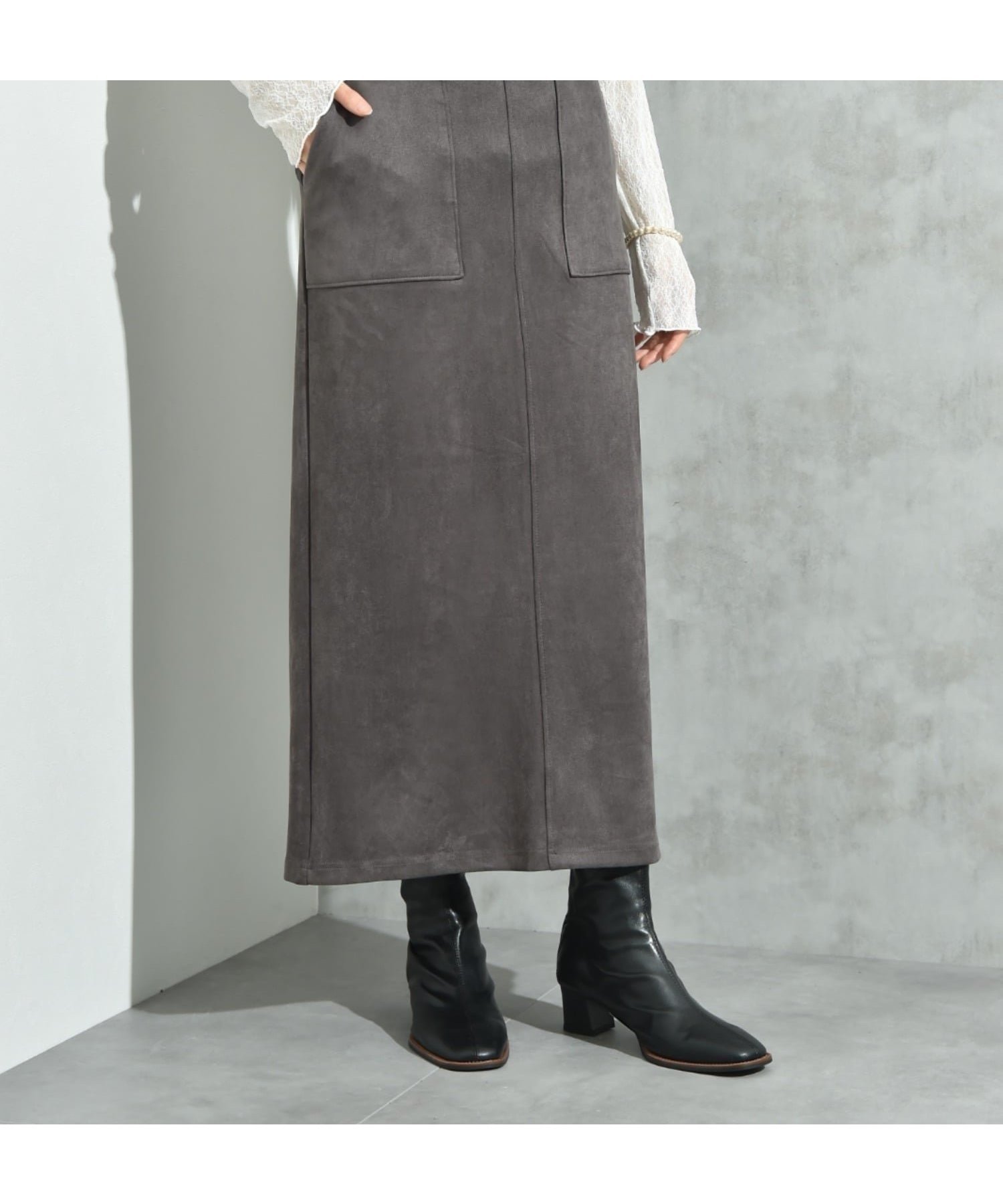 【インタープラネット/INTERPLANET】のマシュマロスエードタイトスカート インテリア・キッズ・メンズ・レディースファッション・服の通販 founy(ファニー) ファッション Fashion レディースファッション Fashion for Women スカート Skirts シンプル Simple, Minimal ストレッチ Stretch, Stretchy Fabric スニーカー Sneakers, Trainers トレンド Trend, Trending Now フィット Fit, Slim Fit ブルゾン Blouson, Bomber Jacket ベーシック Basic, Essential ポケット Pocket, Pocket Detail チャコールグレー|ID: prp329100004808439 ipo3291000000034894359