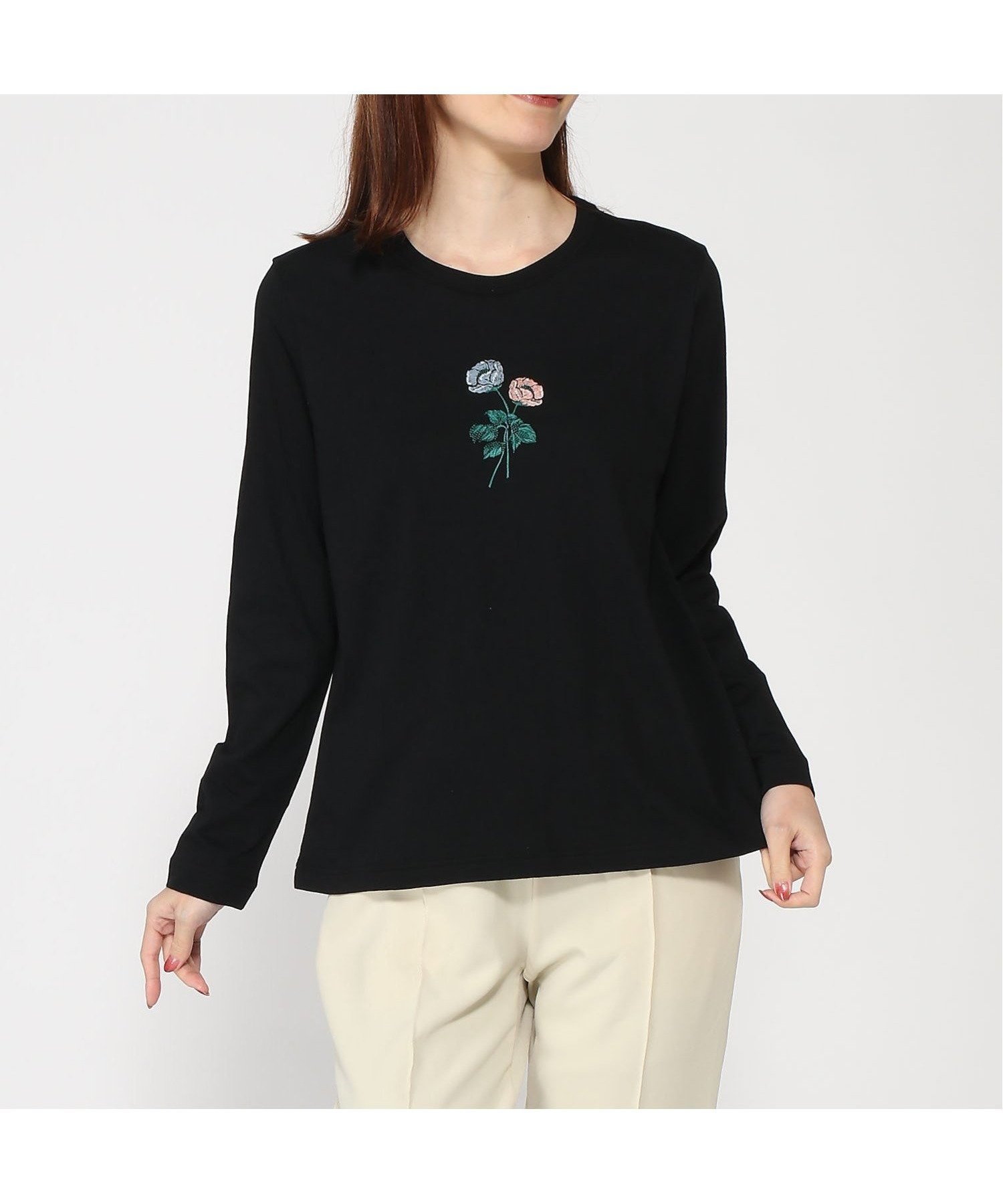 【スーパーハッカ/SUPER HAKKA】の30/-天竺 花のワルツ刺繍ロングスリーブカットソー インテリア・キッズ・メンズ・レディースファッション・服の通販 founy(ファニー) ファッション Fashion レディースファッション Fashion for Women トップス・カットソー Cut & Sew Tops カットソー・ベーシックTシャツ Cut-and-Sewn Tops / Stretch Tees & Basics フロント Front, Front Design ブラック|ID: prp329100004808999 ipo3291000000034901140