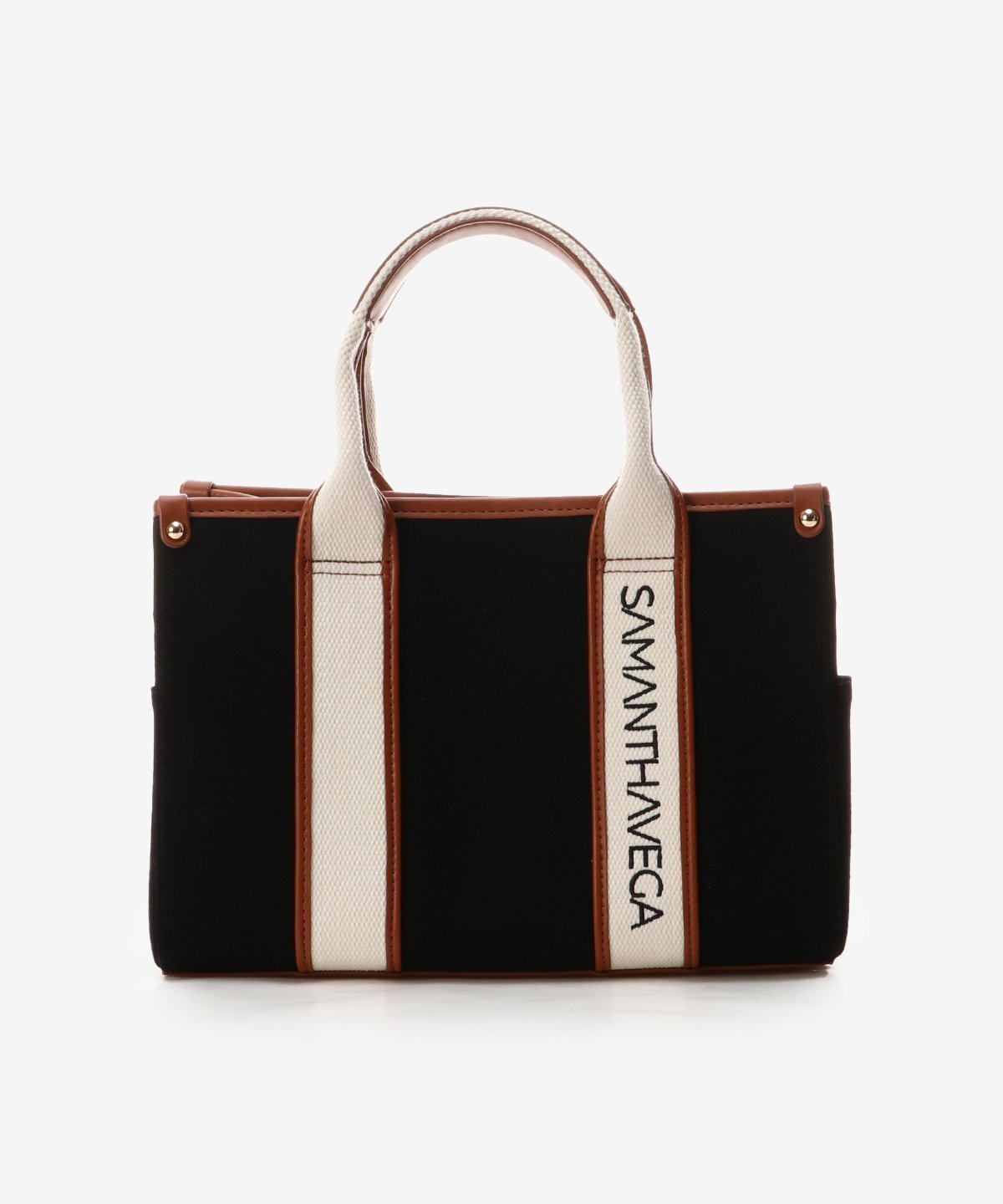 【サマンサ ベガ/SamanthaVega】のロゴテープキャンバスハンドバッグ(小) インテリア・キッズ・メンズ・レディースファッション・服の通販 founy(ファニー) 　ファッション　Fashion　レディースファッション　Fashion for Women　おすすめ　Recommended / Our Picks　キャンバス　Canvas, Canvas Fabric　トレンド　Trend, Trending Now　フォルム　Silhouette, Form　楽ちん　Easy Fit, Comfortable　財布　Wallet, Purse　軽量　Lightweight, Ultra Light　ブラック|ID: prp329100004809069 ipo3291000000034901635