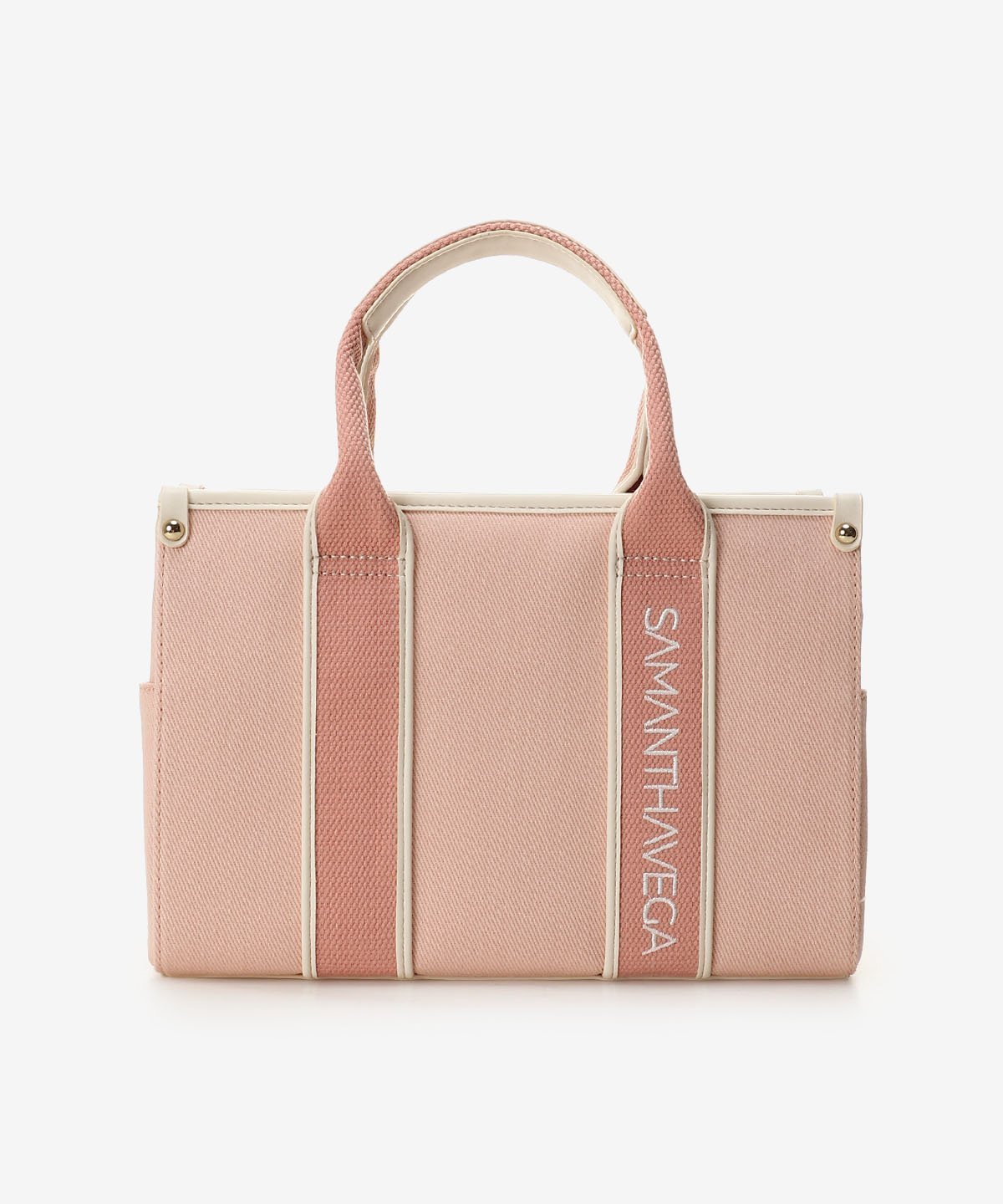 【サマンサ ベガ/SamanthaVega】のロゴテープキャンバスハンドバッグ(小) インテリア・キッズ・メンズ・レディースファッション・服の通販 founy(ファニー) 　ファッション　Fashion　レディースファッション　Fashion for Women　おすすめ　Recommended / Our Picks　キャンバス　Canvas, Canvas Fabric　トレンド　Trend, Trending Now　フォルム　Silhouette, Form　楽ちん　Easy Fit, Comfortable　財布　Wallet, Purse　軽量　Lightweight, Ultra Light　ピンク|ID: prp329100004809069 ipo3291000000034901640