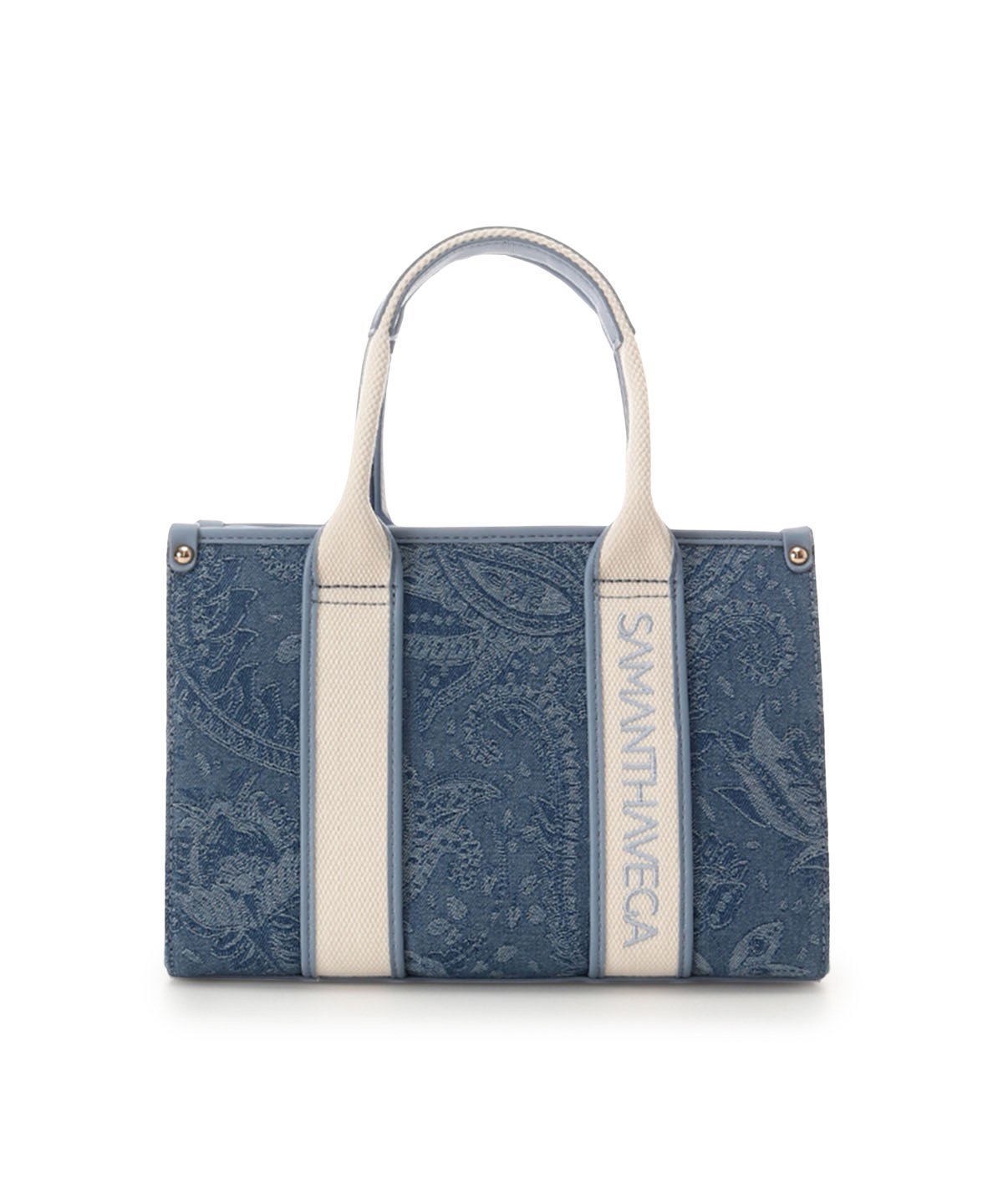 【サマンサ ベガ/SamanthaVega】のロゴテープジャガード調トートバッグ(小) インテリア・キッズ・メンズ・レディースファッション・服の通販 founy(ファニー) 　ファッション　Fashion　レディースファッション　Fashion for Women　バッグ　Bags　コレクション　Collection, Seasonal Line　ショルダー　Shoulder, Shoulder Strap　デニム　Denim, Jeans Material　トレンド　Trend, Trending Now　フロント　Front, Front Design　ペイズリー　Paisley, Ethnic Pattern　ポケット　Pocket, Pocket Detail　財布　Wallet, Purse　ライトブルー|ID: prp329100004809104 ipo3291000000034901875